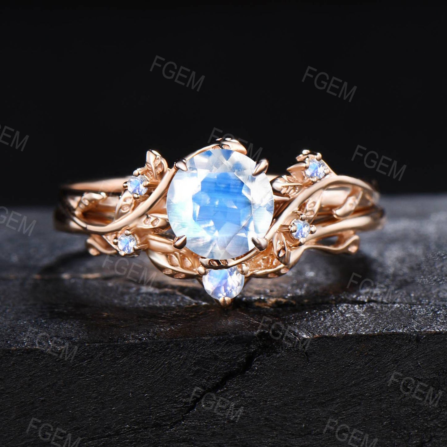 6.5mm Round Cut Rainbow Moonstone Engagement Ring Set Dainty Solid Gold Twig Natural Moonstone Bridal Set Healing Crystal Ring Promise Gift