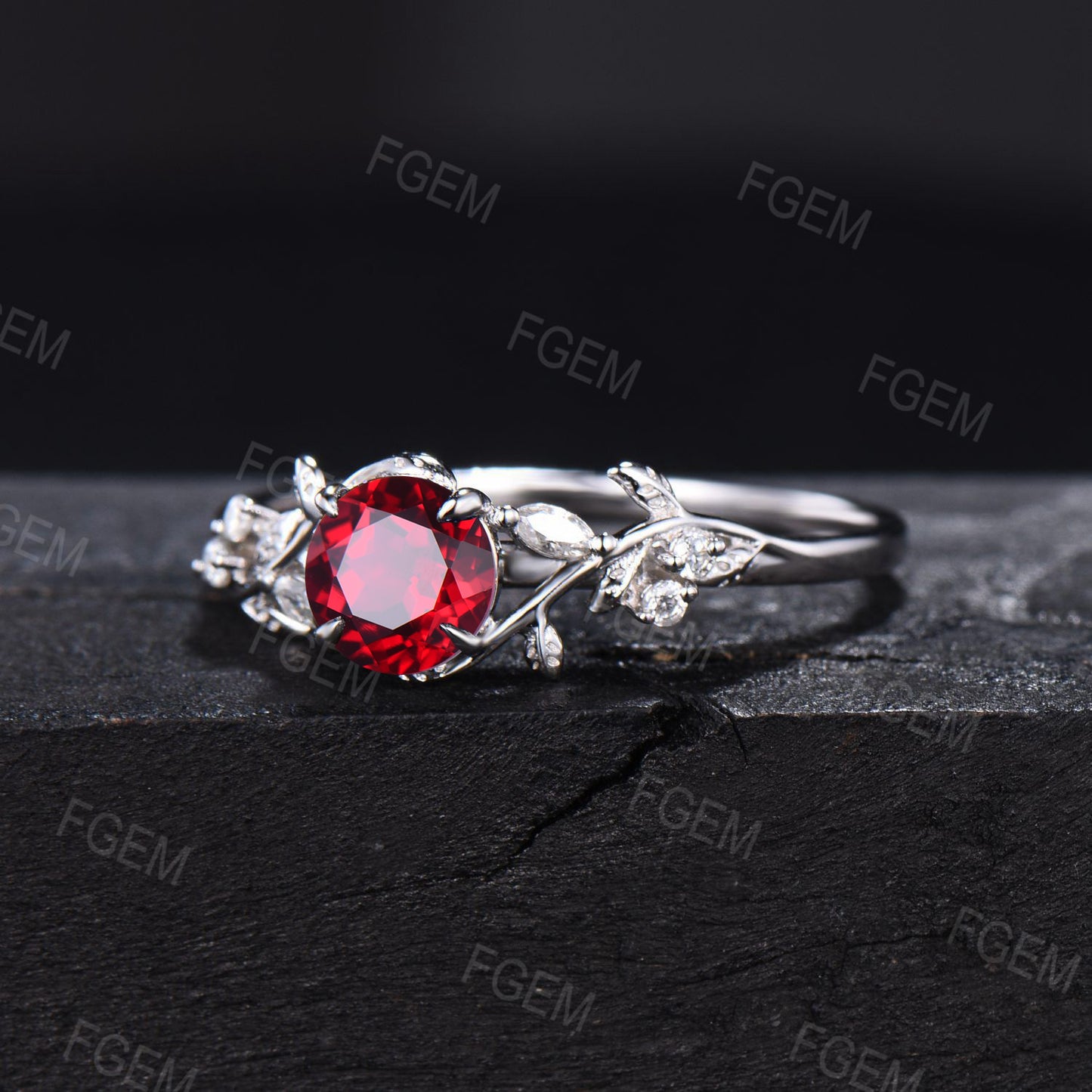 1ct Round Nature Inspired Ruby Engagement Ring Red Gemstone Jewelry Twig Leaf Cluster Moissanite Ring Anniversary Ring July Birthstone Gift