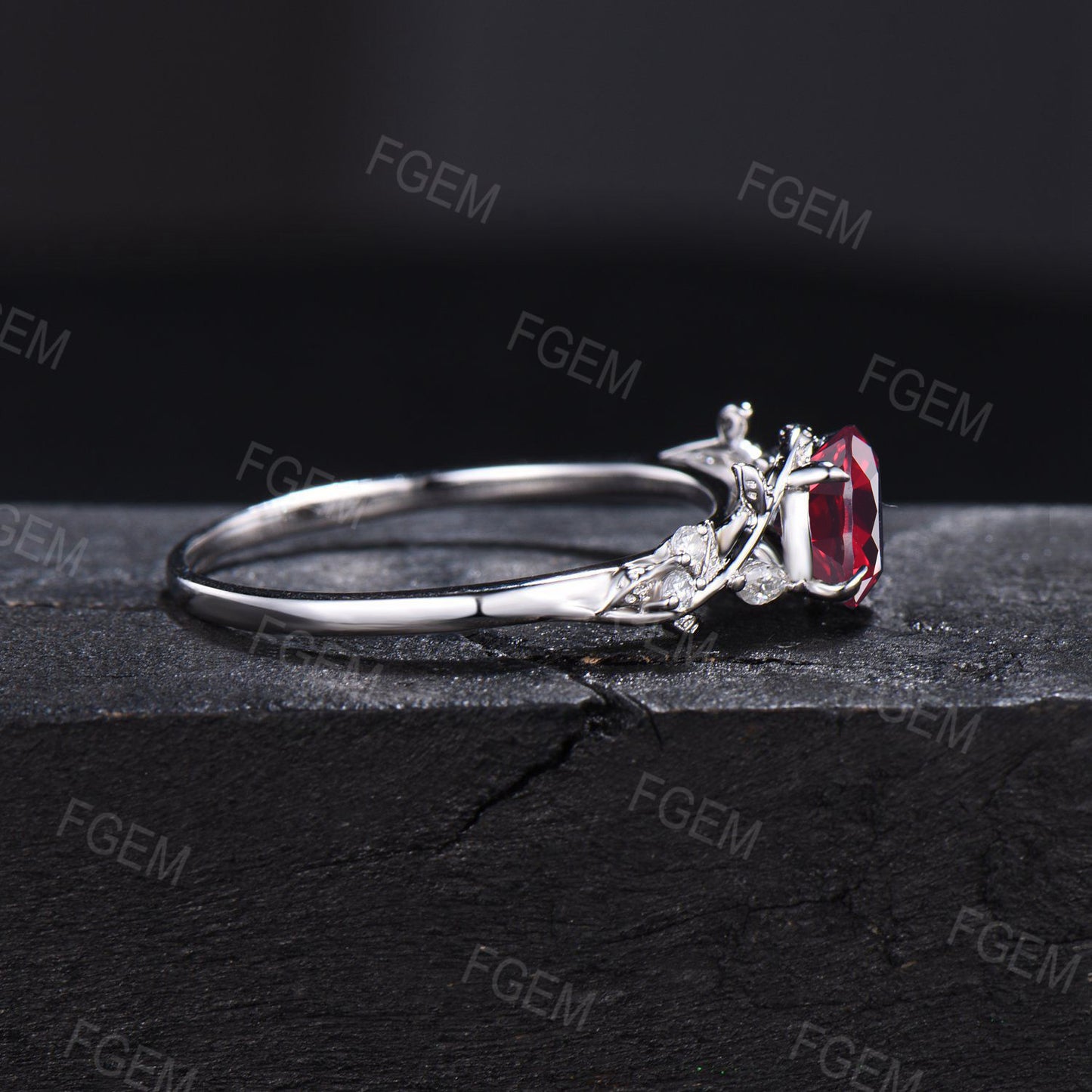 1ct Round Nature Inspired Ruby Engagement Ring Red Gemstone Jewelry Twig Leaf Cluster Moissanite Ring Anniversary Ring July Birthstone Gift