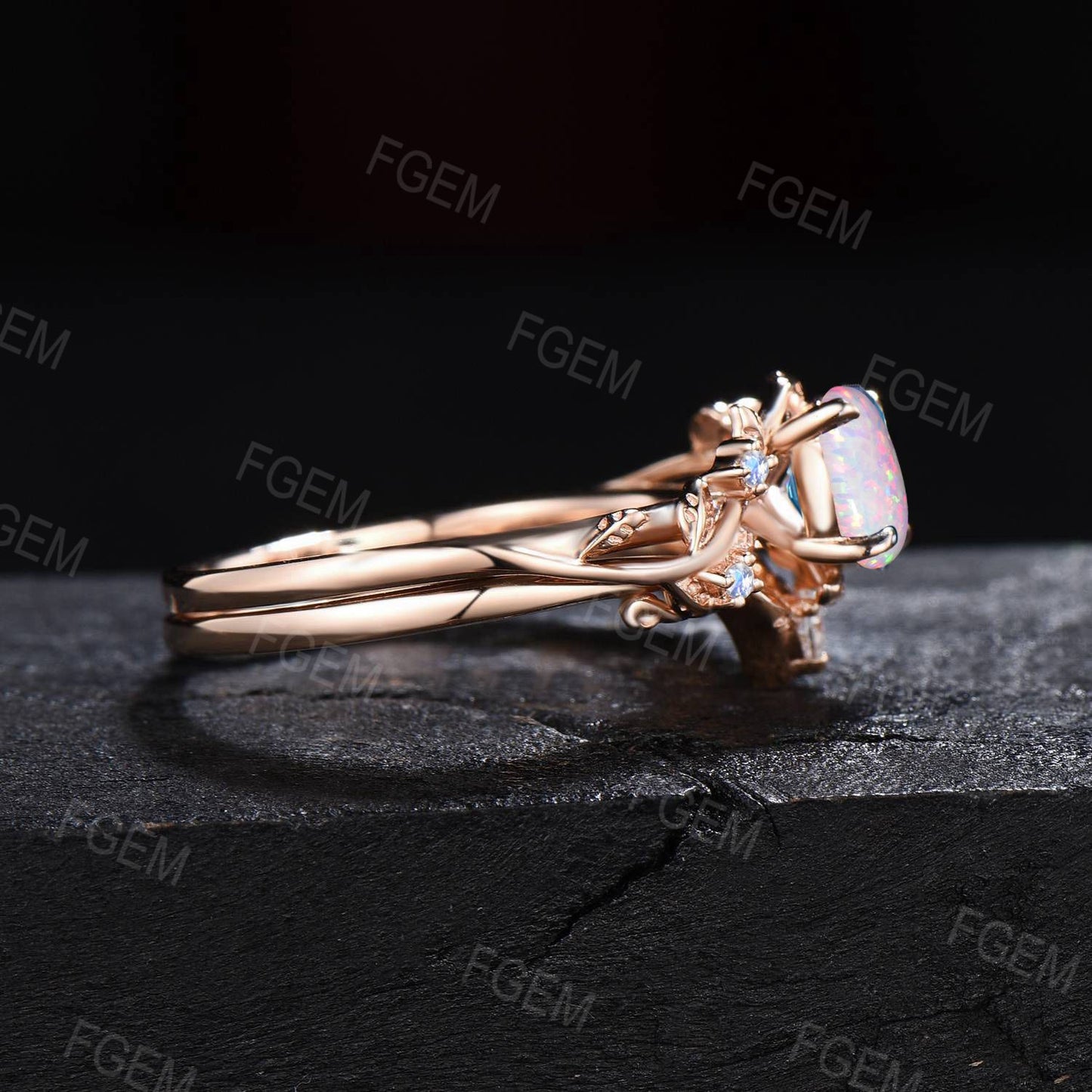 Vintage Branch Leaf Ring Round Solid Gold Bridal Set Nature Inspired Moonstone Ring Twig Engagement Ring Set October Birthstone Propose Gift
