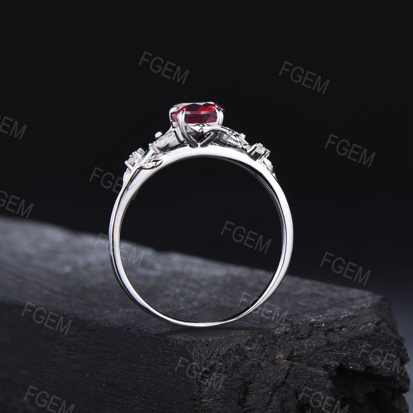 1ct Round Nature Inspired Ruby Engagement Ring Red Gemstone Jewelry Twig Leaf Cluster Moissanite Ring Anniversary Ring July Birthstone Gift