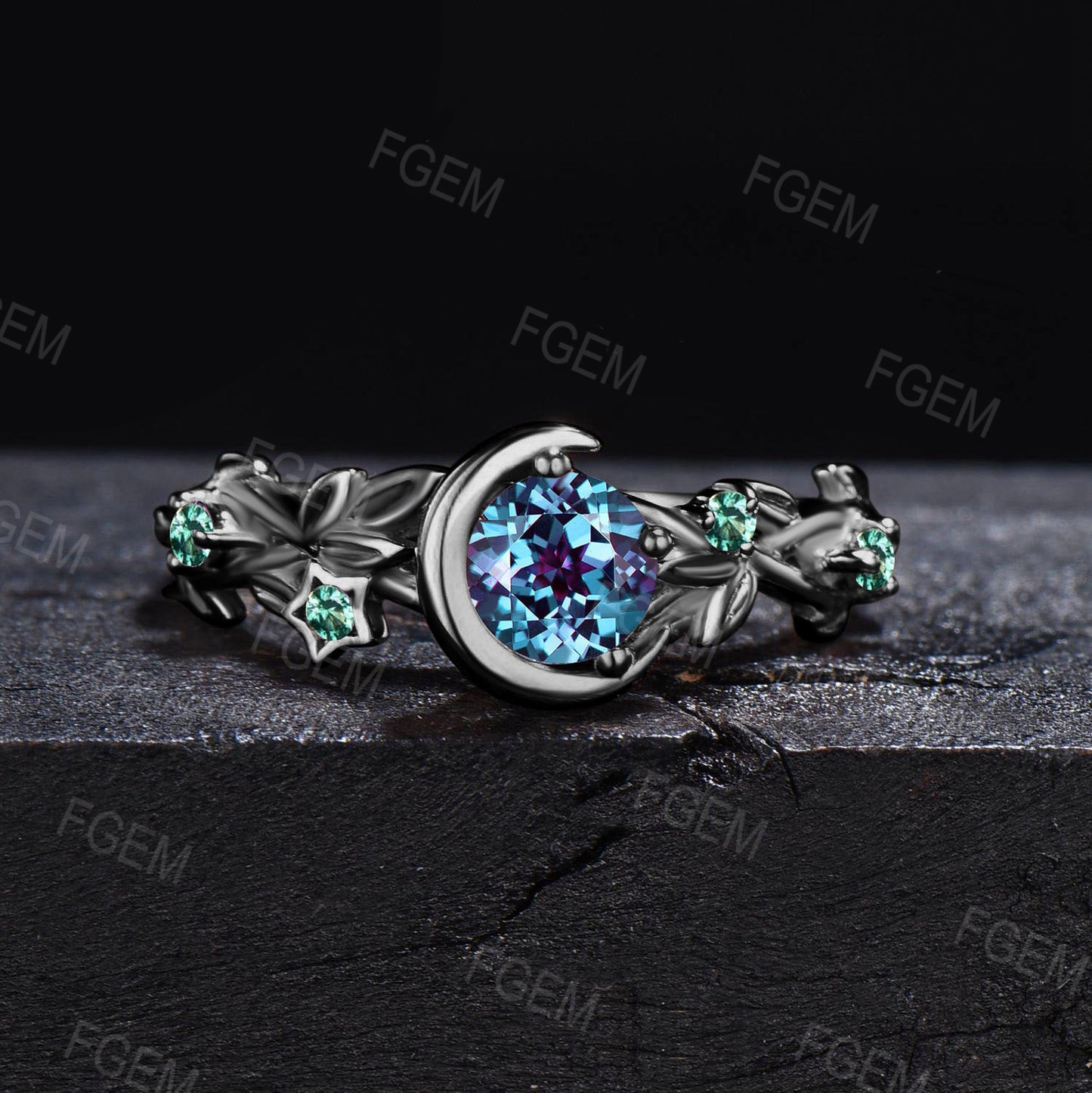Color-Change Alexandrite Amethyst Black Gold Engagement Ring Moon Star Round Alexandrite Ring Nature Inspired Alexandrite Wedding Ring Women