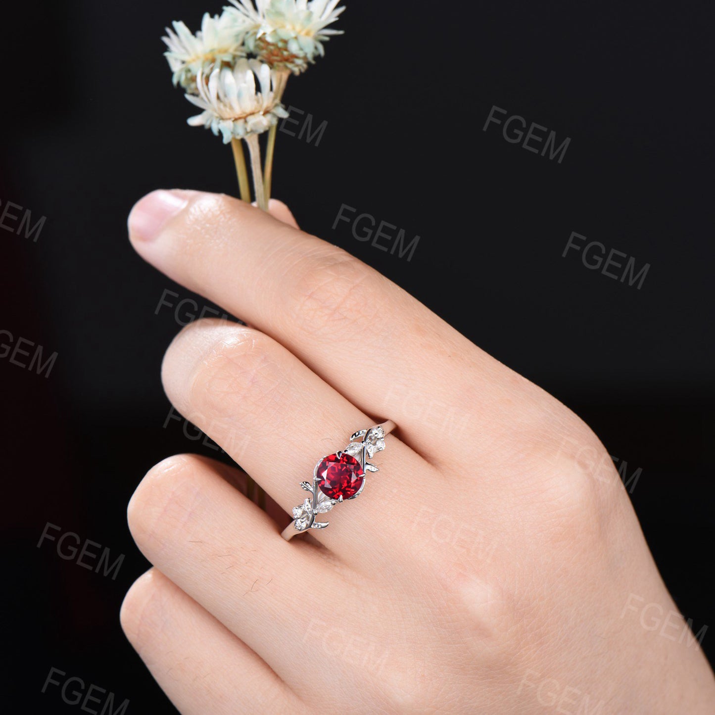 1ct Round Nature Inspired Ruby Engagement Ring Red Gemstone Jewelry Twig Leaf Cluster Moissanite Ring Anniversary Ring July Birthstone Gift