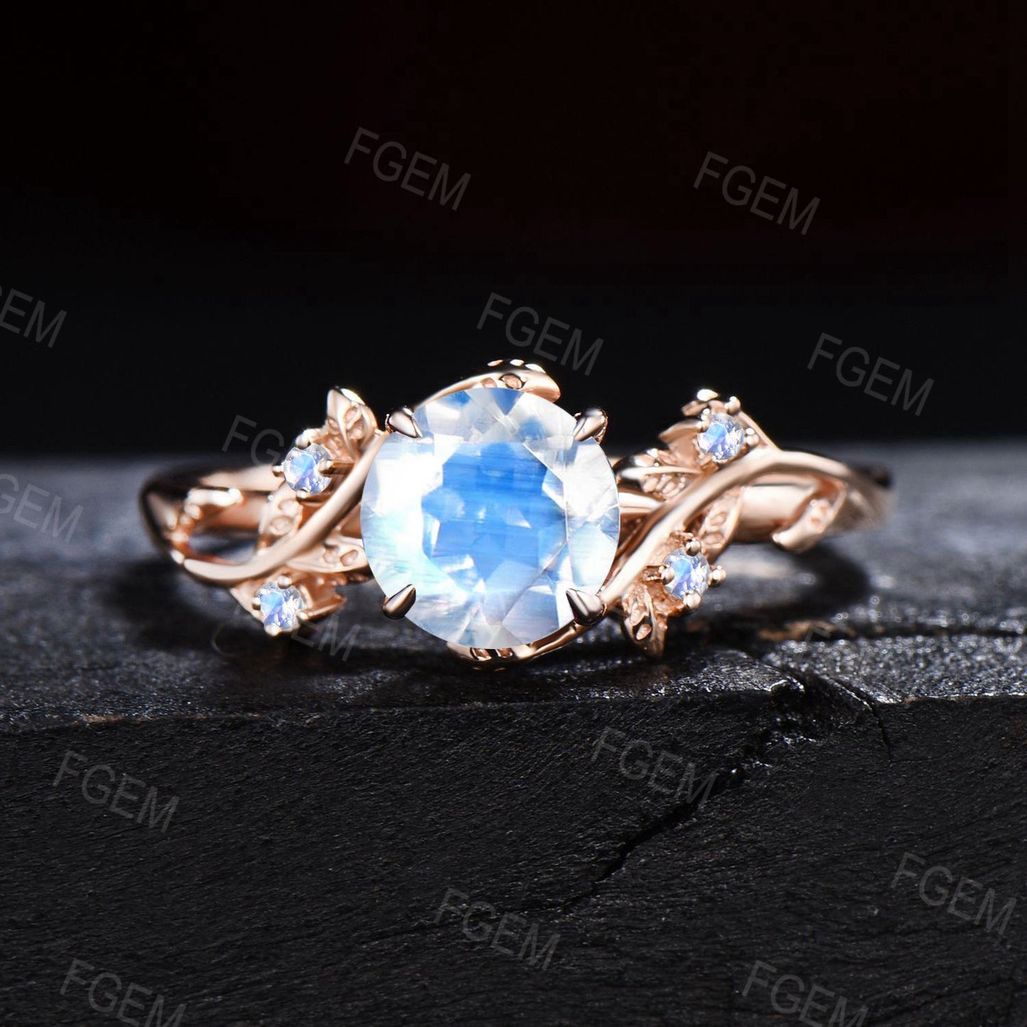 6.5mm Round Cut Rainbow Moonstone Engagement Ring Set Dainty Solid Gold Twig Natural Moonstone Bridal Set Healing Crystal Ring Promise Gift