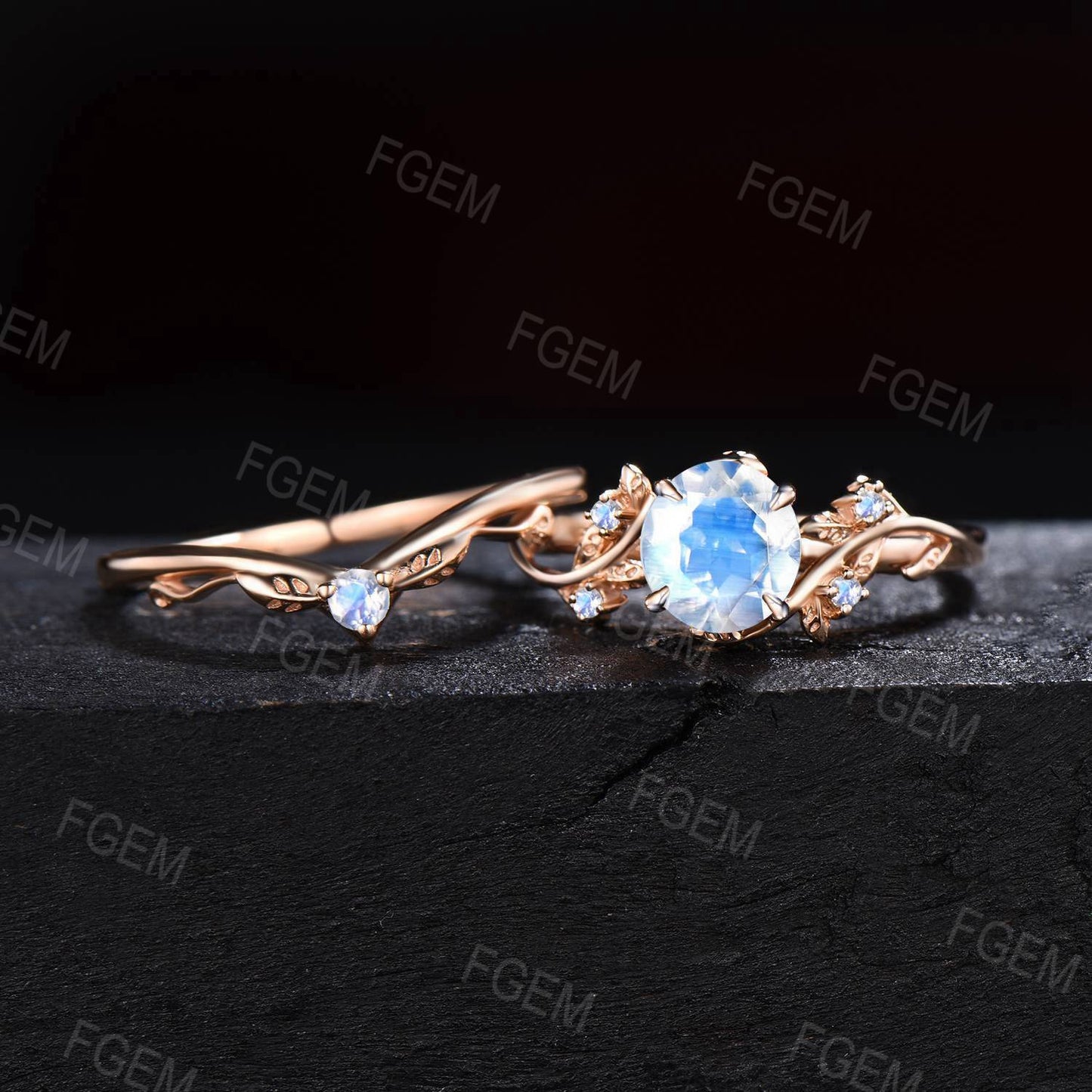 6.5mm Round Cut Rainbow Moonstone Engagement Ring Set Dainty Solid Gold Twig Natural Moonstone Bridal Set Healing Crystal Ring Promise Gift
