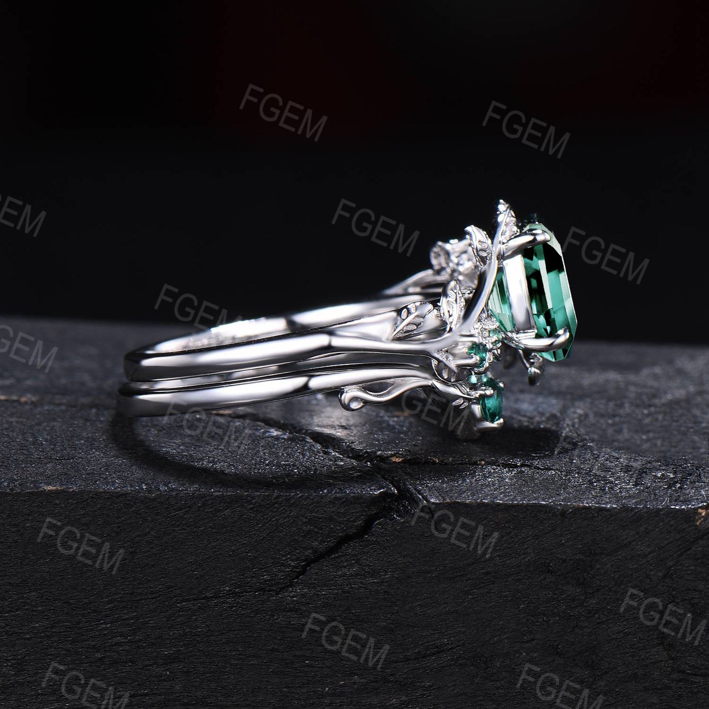 Nature Inspired Green Sapphire Emerald Floral Ring Set 1.5CT Oval Green Blue Montana Teal Sapphire Branch Engagement Ring Anniversary Gifts