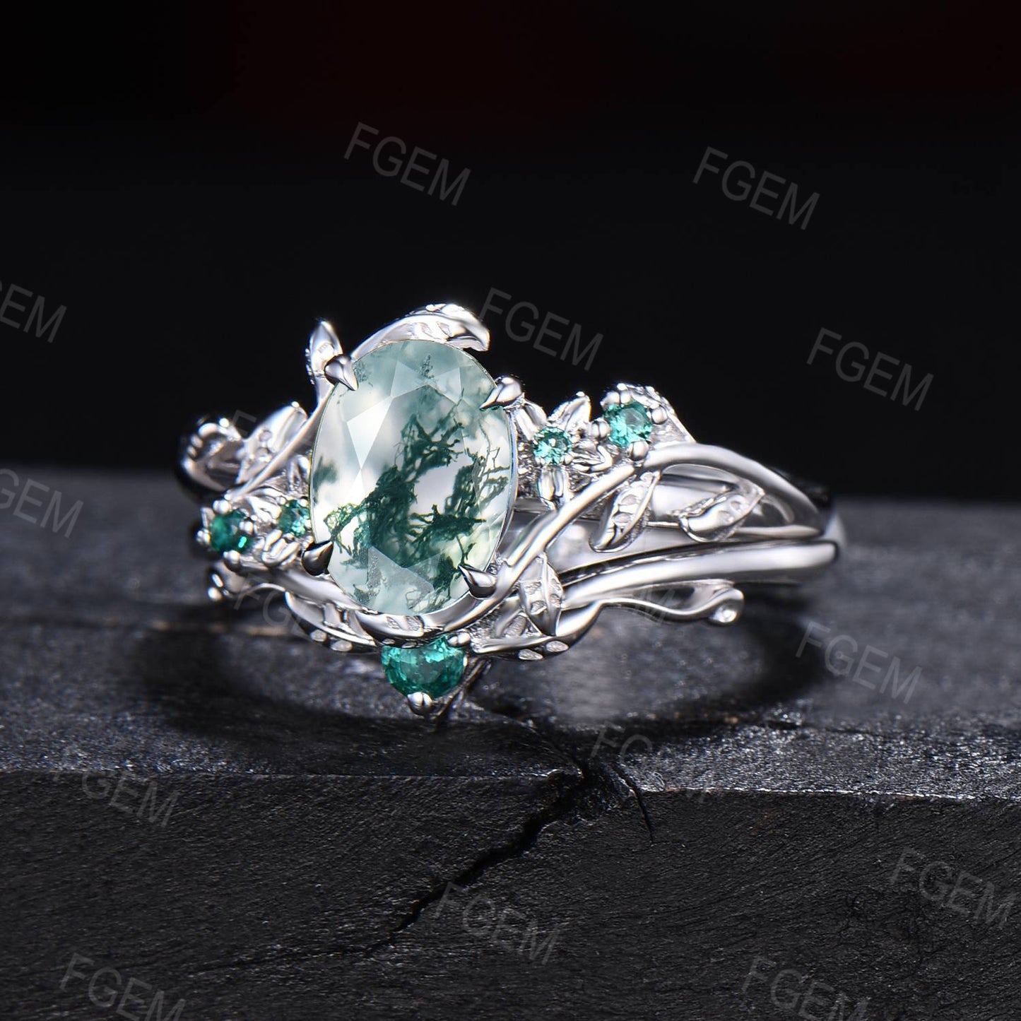 1.5mm Oval Cut Nature Inspired Natural Green Moss Agate Emerald Engagement Ring Set 14K Rose Gold Moss Agate Leaf Branch Floral Wedding Ring