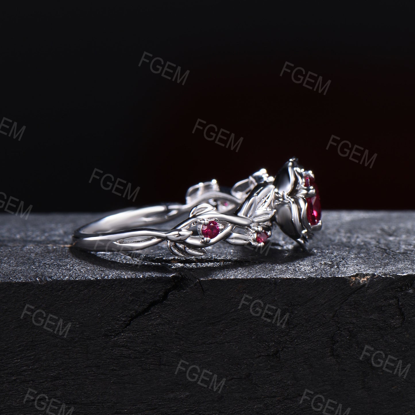 5mm Round Ruby Engagement Ring 14K White Gold Twig Leaf Rose Flower Red Ruby Engagement Rings Anniversary Ring Women July Birthstone Gifts