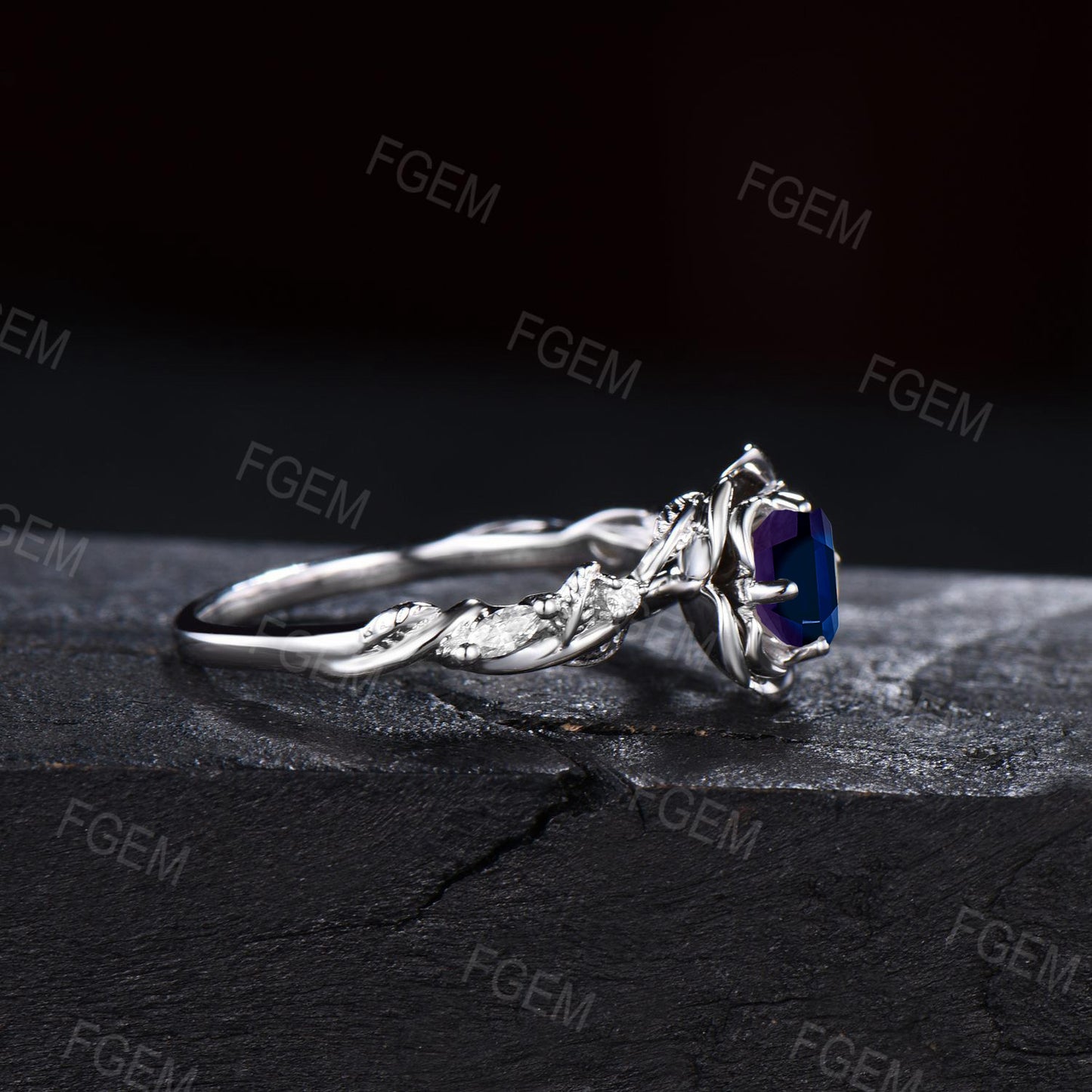 Nature Inspired Flower Alexandrite Ring Unique Round Cut Color-Change Alexandrite Engagement Rings Leaf Moissanite Ring June Birthstone Gift