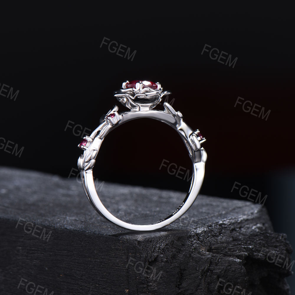 5mm Round Ruby Engagement Ring 14K White Gold Twig Leaf Rose Flower Red Ruby Engagement Rings Anniversary Ring Women July Birthstone Gifts