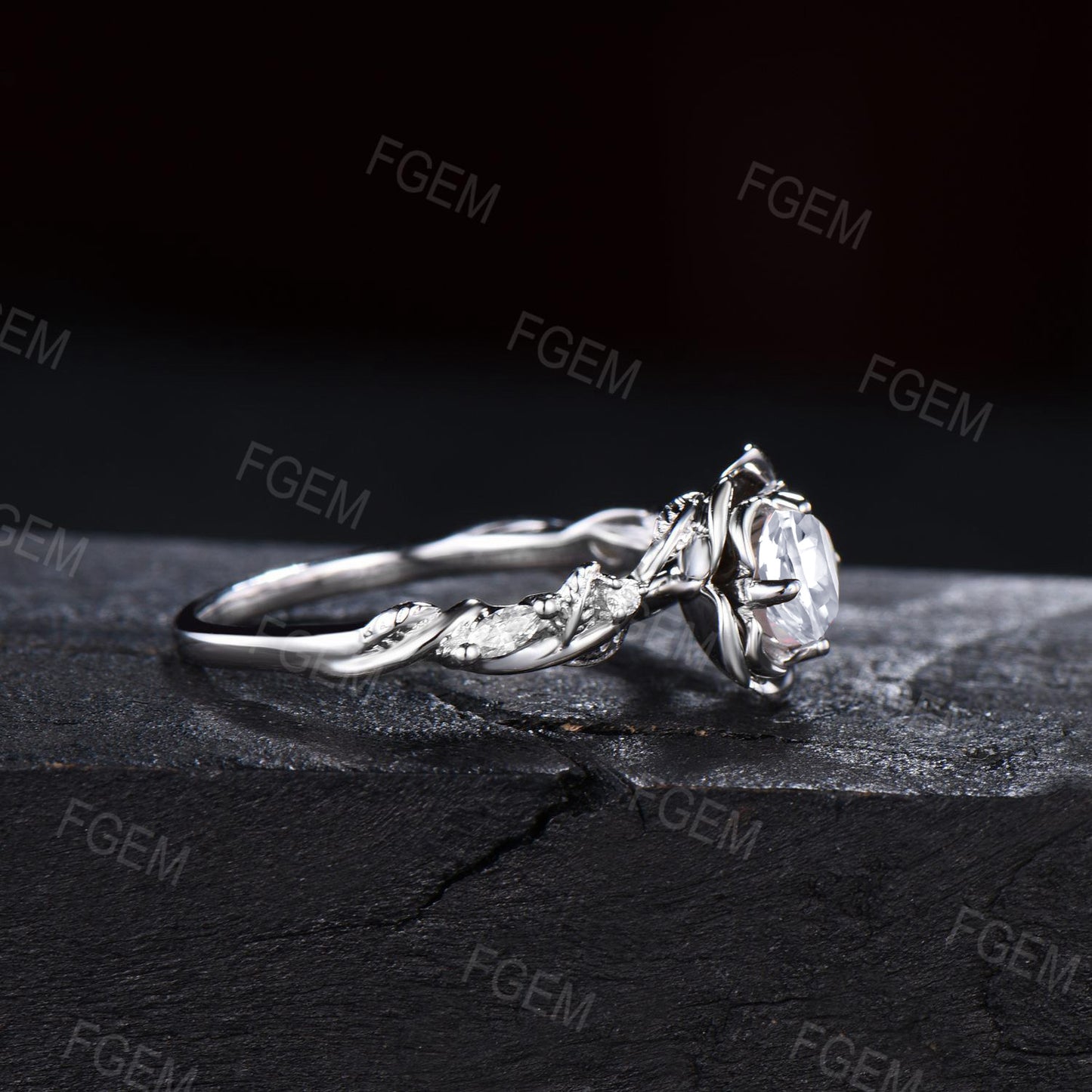 Rose Flower Engagement Ring Round Moissanite Diamond Ring 14K Rose Gold Nature Inspired Floral Moissanite Jewelry Twisted Leaf Wedding Ring