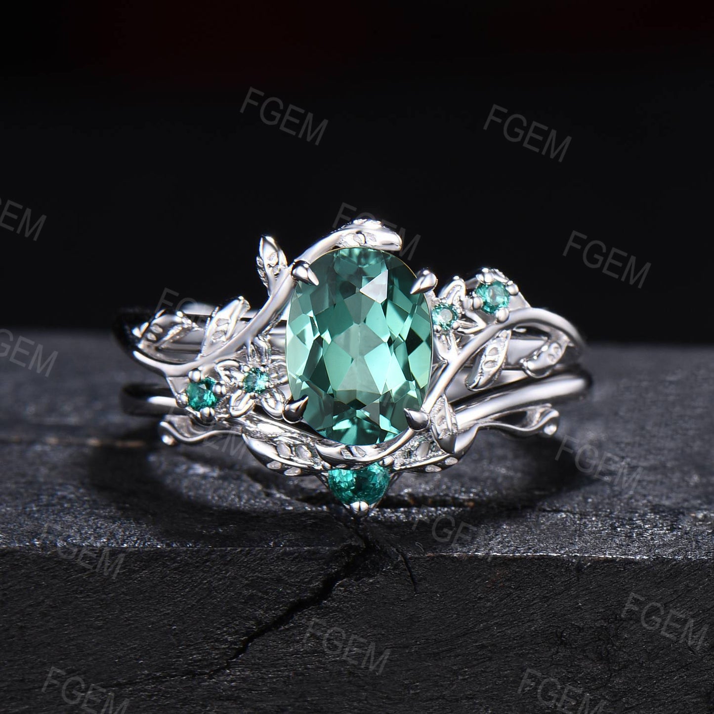 Nature Inspired Green Sapphire Emerald Floral Ring Set 1.5CT Oval Green Blue Montana Teal Sapphire Branch Engagement Ring Anniversary Gifts