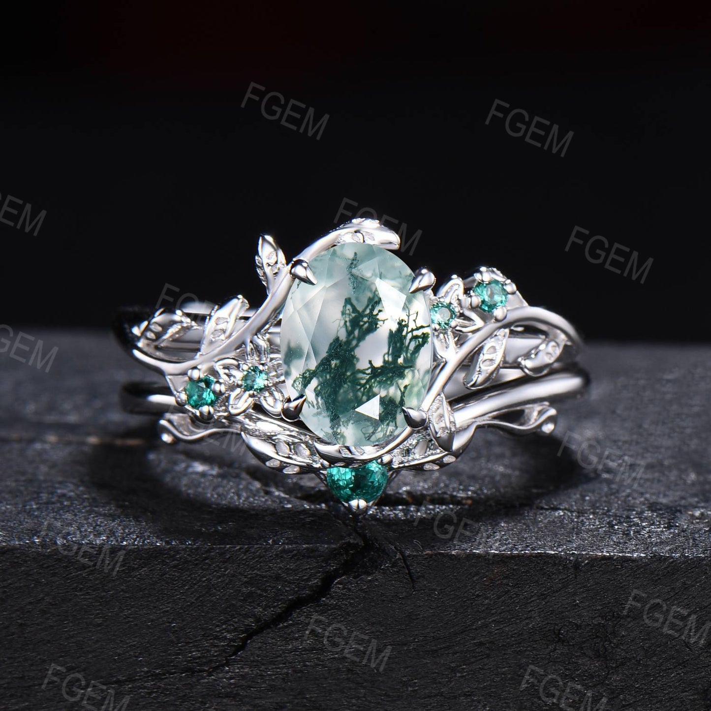 1.5mm Oval Cut Nature Inspired Natural Green Moss Agate Emerald Engagement Ring Set 14K Rose Gold Moss Agate Leaf Branch Floral Wedding Ring