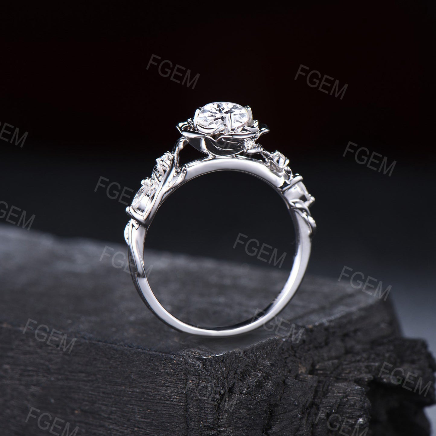 Rose Flower Engagement Ring Round Moissanite Diamond Ring 14K Rose Gold Nature Inspired Floral Moissanite Jewelry Twisted Leaf Wedding Ring