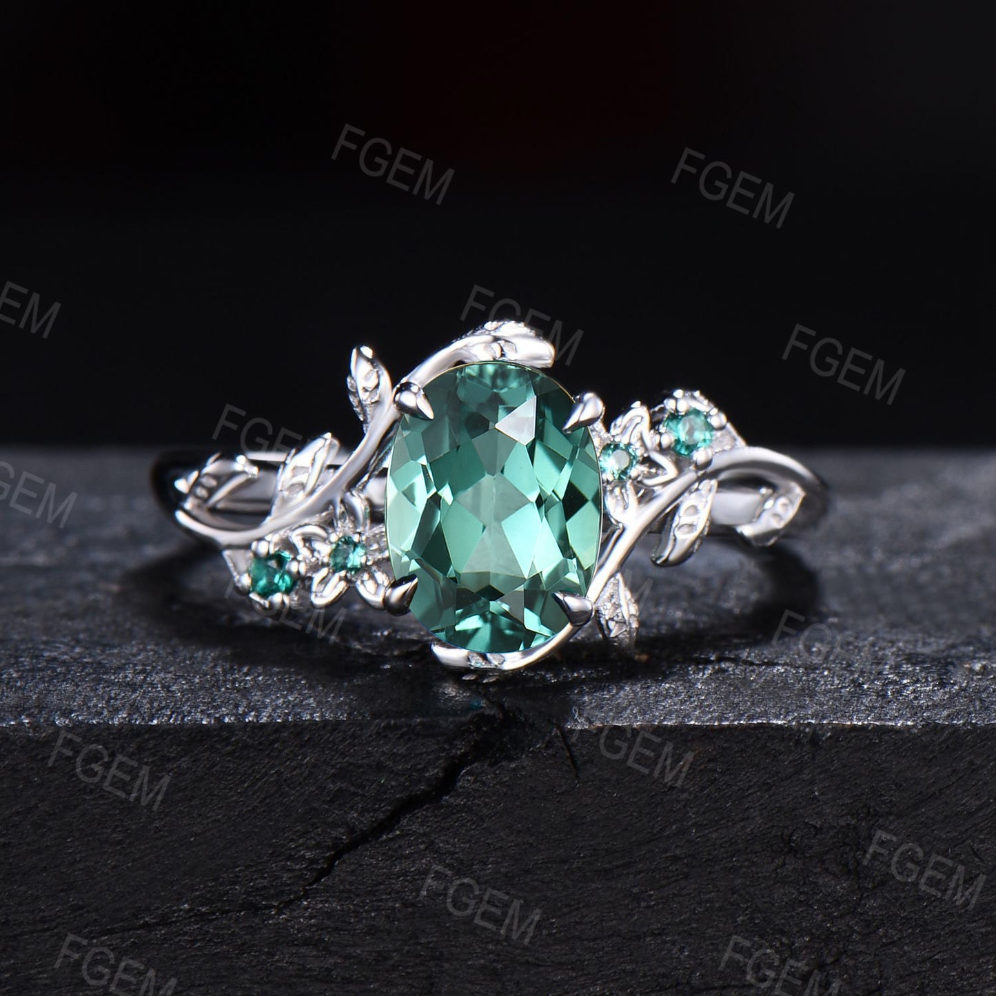 Nature Inspired Green Sapphire Emerald Floral Ring Set 1.5CT Oval Green Blue Montana Teal Sapphire Branch Engagement Ring Anniversary Gifts
