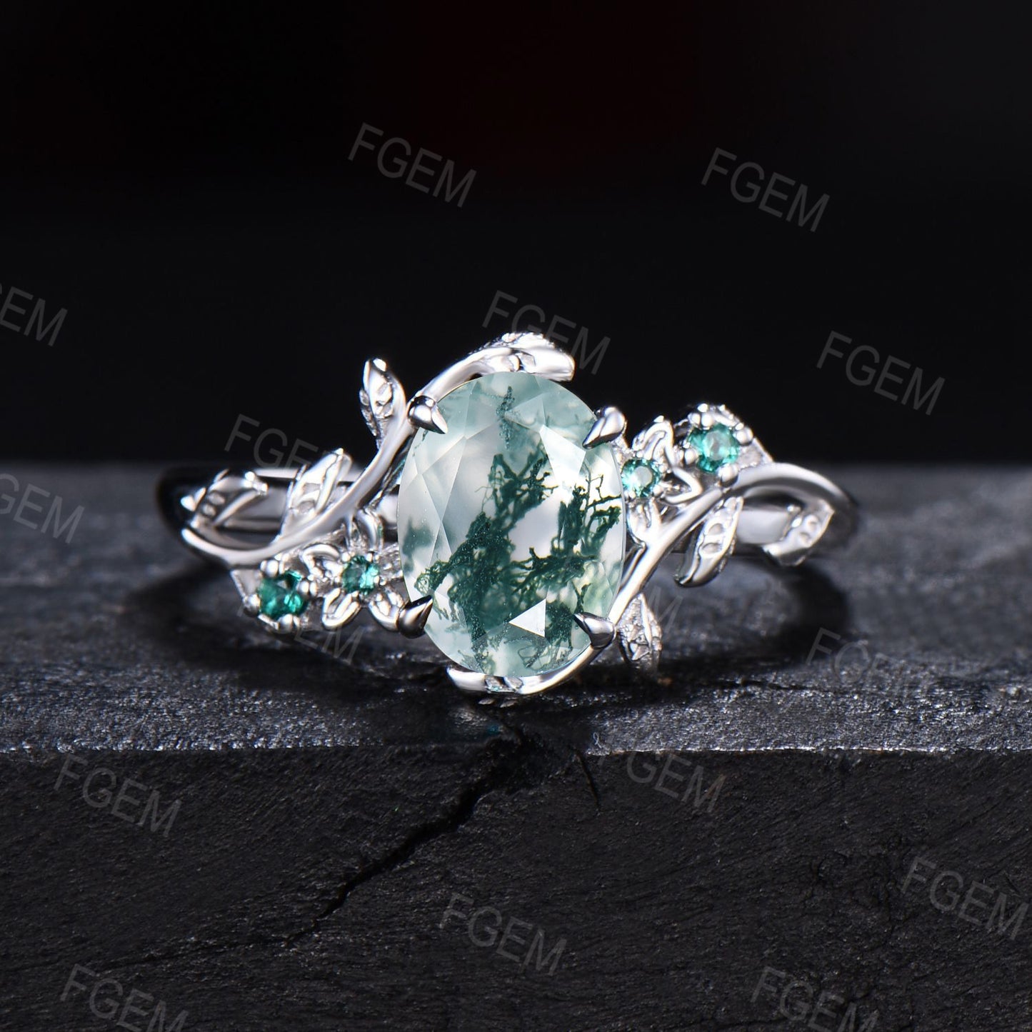1.5mm Oval Cut Nature Inspired Natural Green Moss Agate Emerald Engagement Ring Set 14K Rose Gold Moss Agate Leaf Branch Floral Wedding Ring