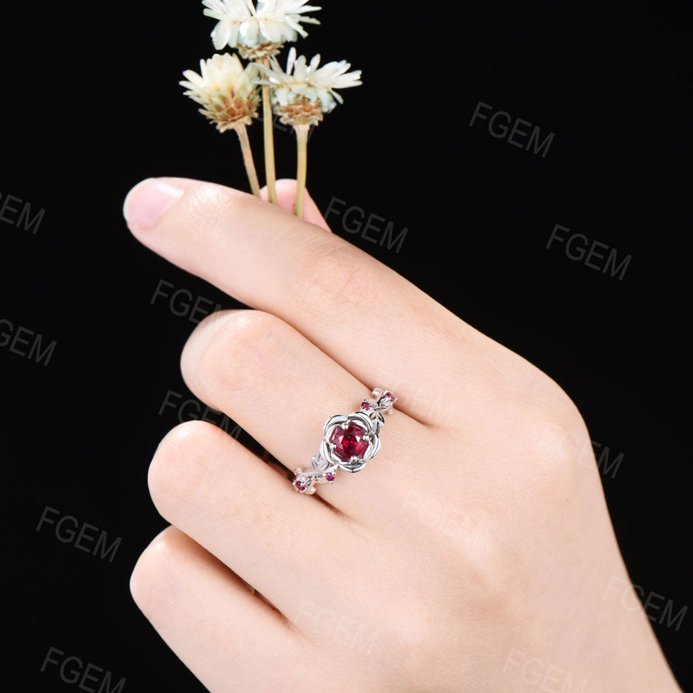 5mm Round Ruby Engagement Ring 14K White Gold Twig Leaf Rose Flower Red Ruby Engagement Rings Anniversary Ring Women July Birthstone Gifts