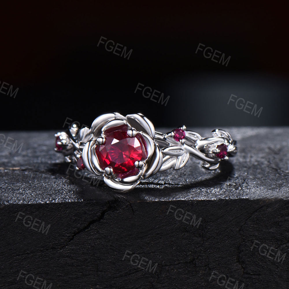 5mm Round Ruby Engagement Ring 14K White Gold Twig Leaf Rose Flower Red Ruby Engagement Rings Anniversary Ring Women July Birthstone Gifts