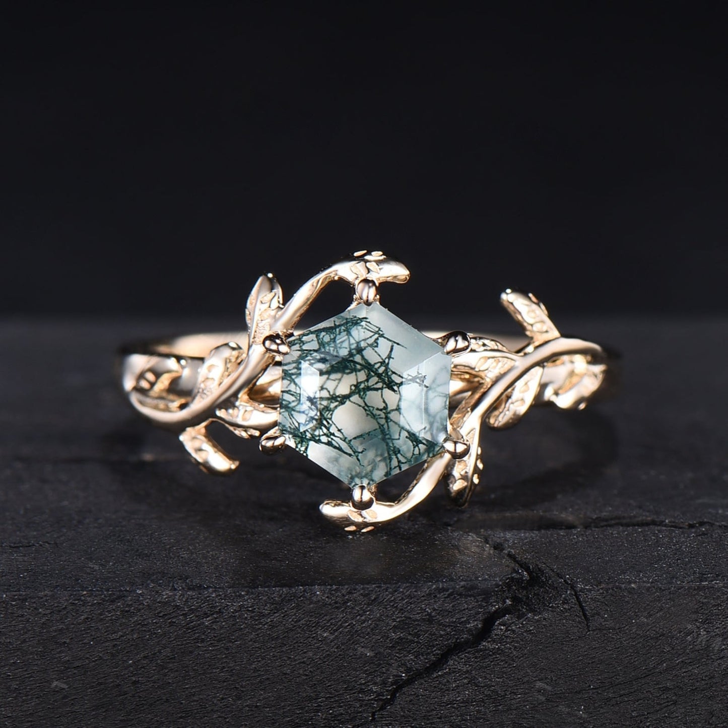 Natural Moss Agate Ring Vintage Hexagon Engagement Ring Inspired Leaf Solitaire Ring Green Healing Gemstone Ring Unique Promise Ring Women