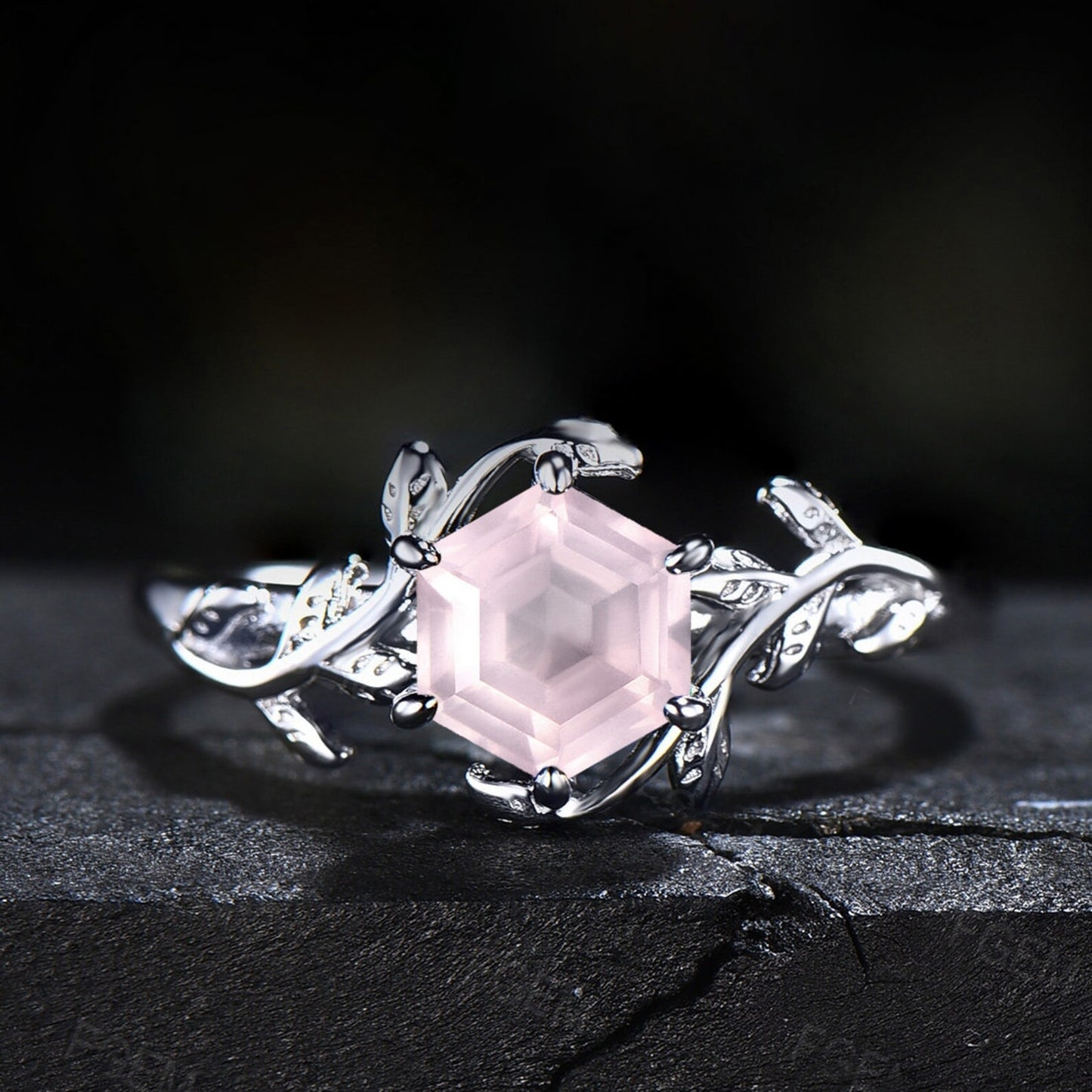 1ct Round Cut Natural Pink Rose Quartz Ring Rose Gold Simple Engagement Rings Leaf Solitaire Ring Heal Crystal Ring Natural Stone Ring Gift