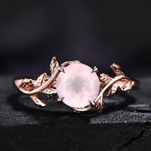 1ct Round Cut Natural Pink Rose Quartz Ring Rose Gold Simple Engagement Rings Leaf Solitaire Ring Heal Crystal Ring Natural Stone Ring Gift