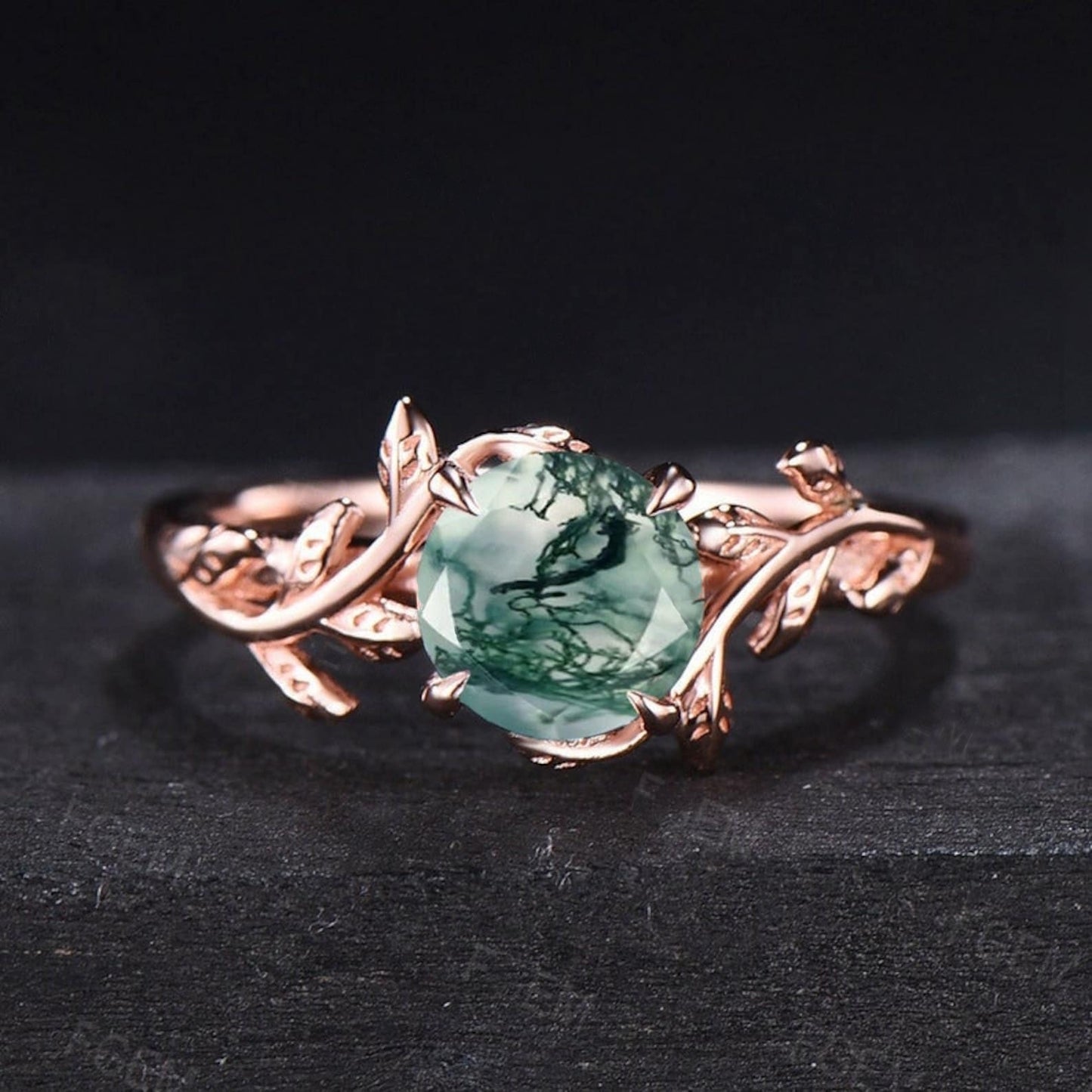 Natural Moss Agate Ring Vintage Hexagon Engagement Ring Inspired Leaf Solitaire Ring Green Healing Gemstone Ring Unique Promise Ring Women
