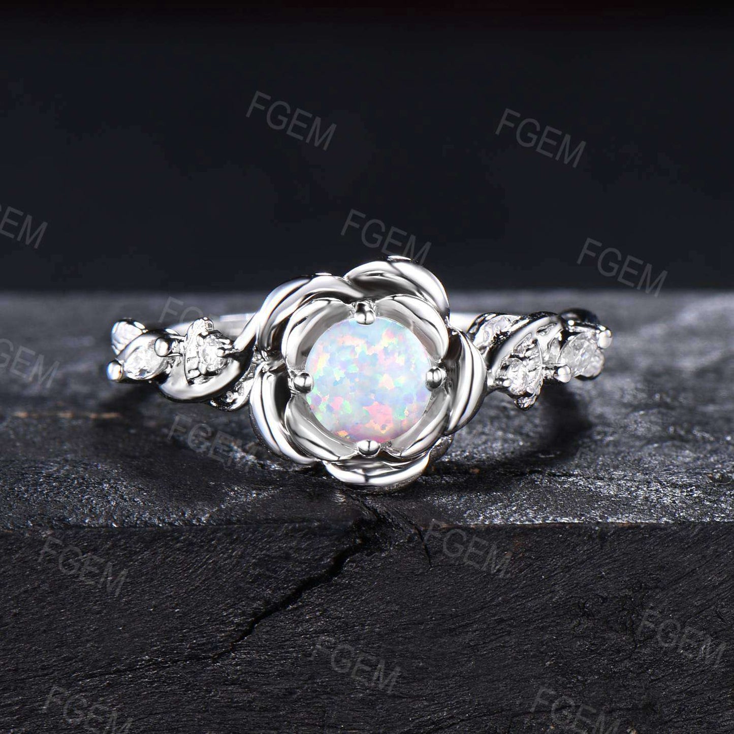 Rose Flower Engagement Ring Opal Round Cut Floral White Opal Ring 14K Rose Gold Nature Inspired Opal Wedding Ring Twist Leaf Moissanite Ring