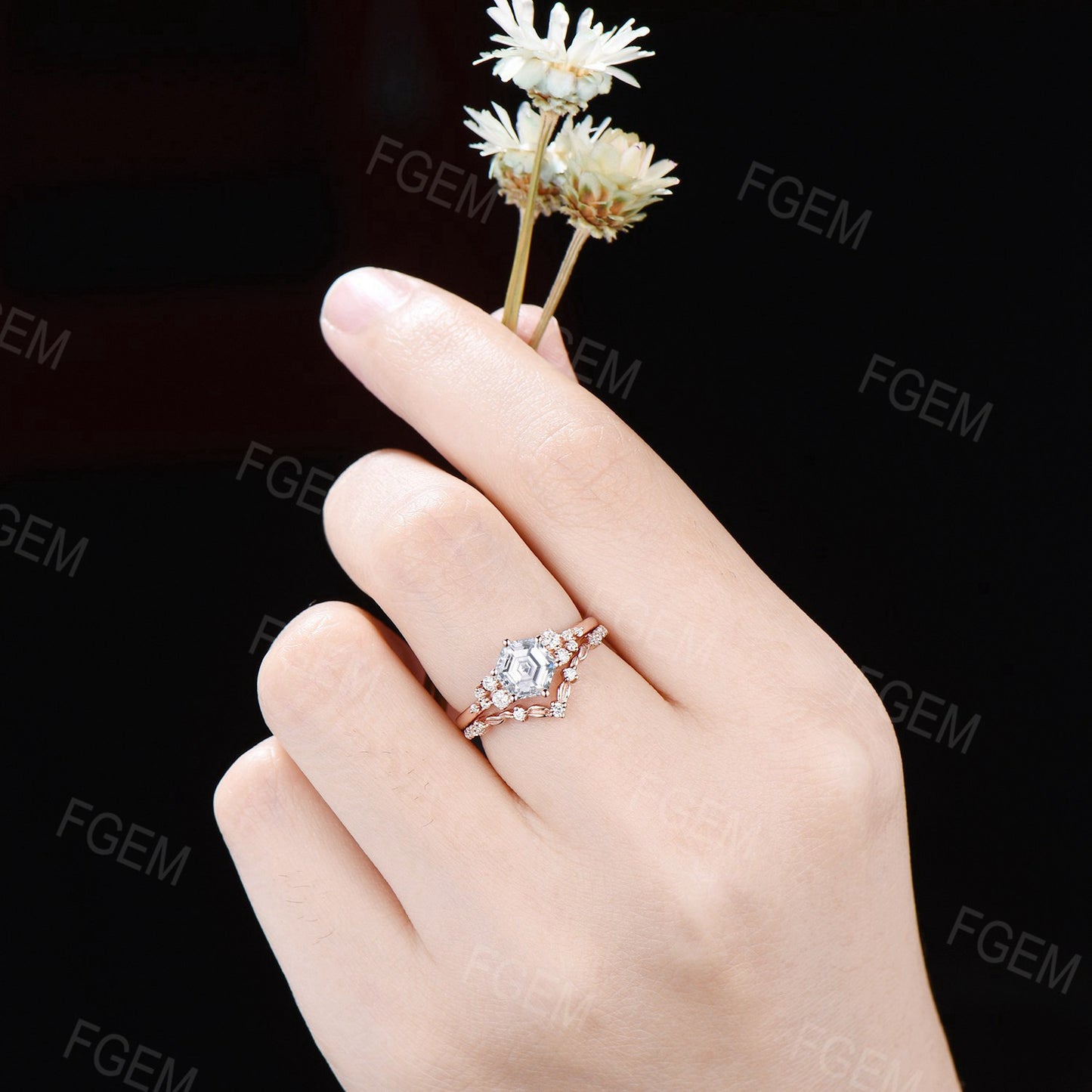 Hexagon Moissanite Engagement Ring Set Vintage Moissanite Snowdrift Cluster Bridal Set Colorless Gemstone Ring Leaves Ring Proposal Gift