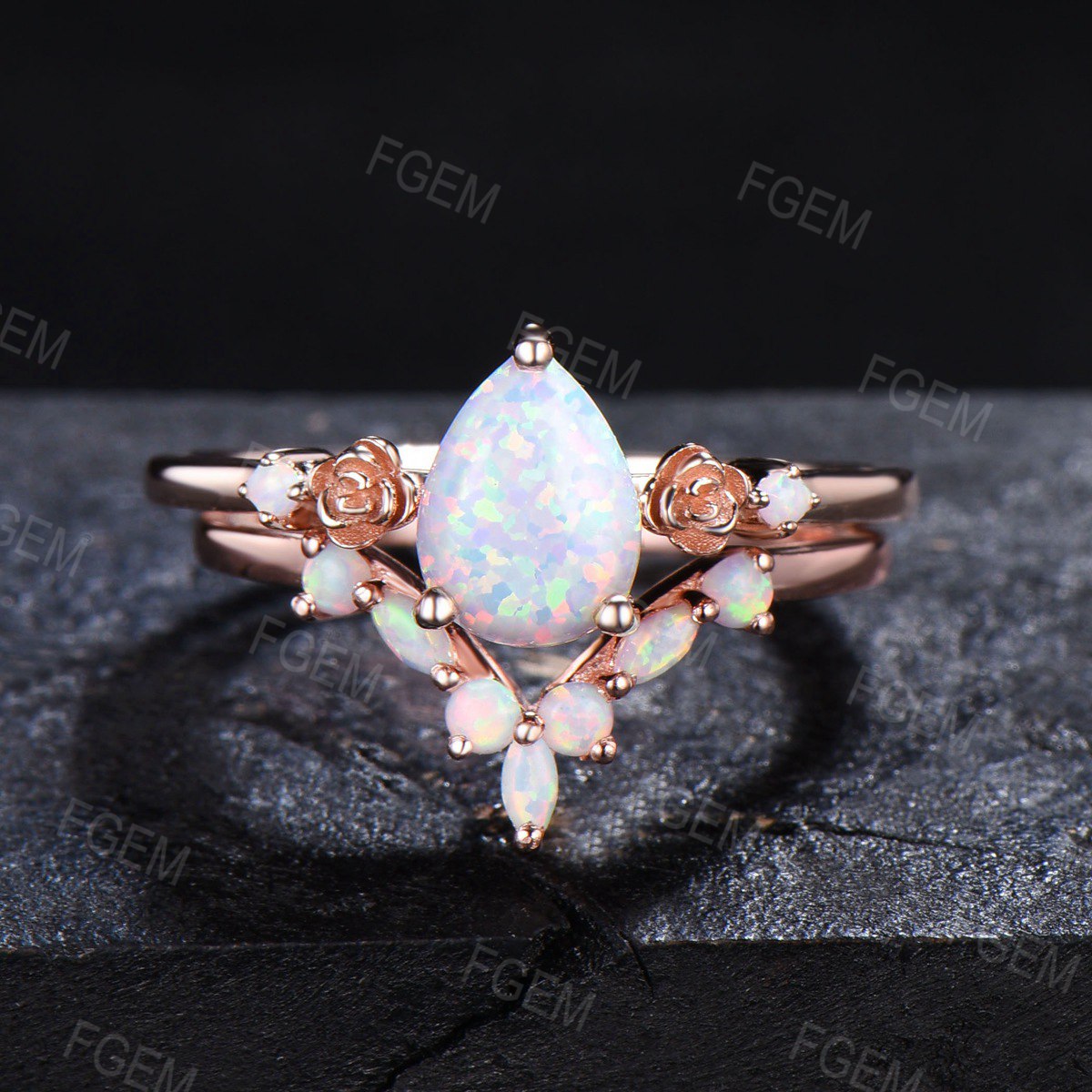 1.25ct Pear Shaped Floral White Opal Bridal Set Marquise Opal Wedding Ring