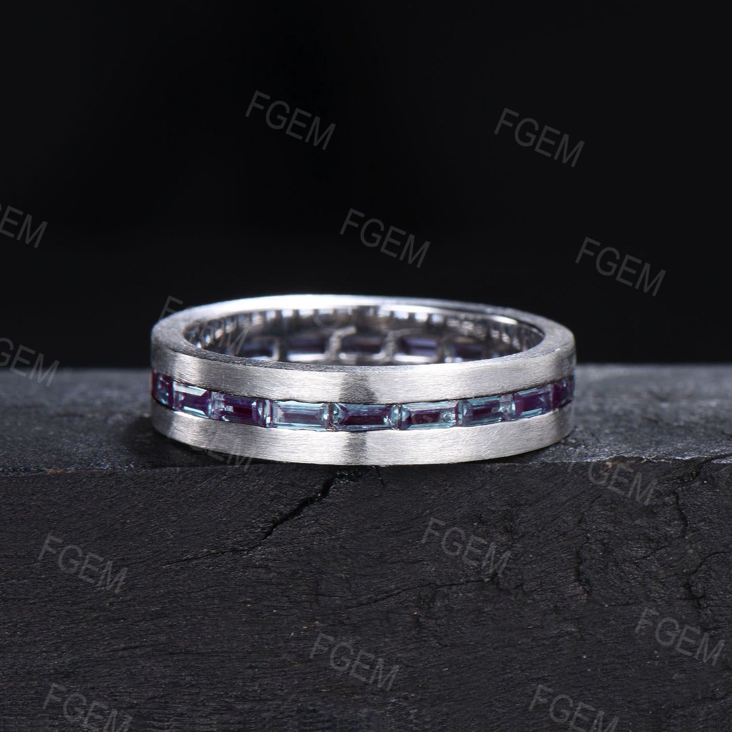 6mm Mens Baguette Alexandrite Wedding Ring 14K Rose/Black Gold Color-Change Alexandrite Matte Brushed Band Pave Set Full Eternity Band Men