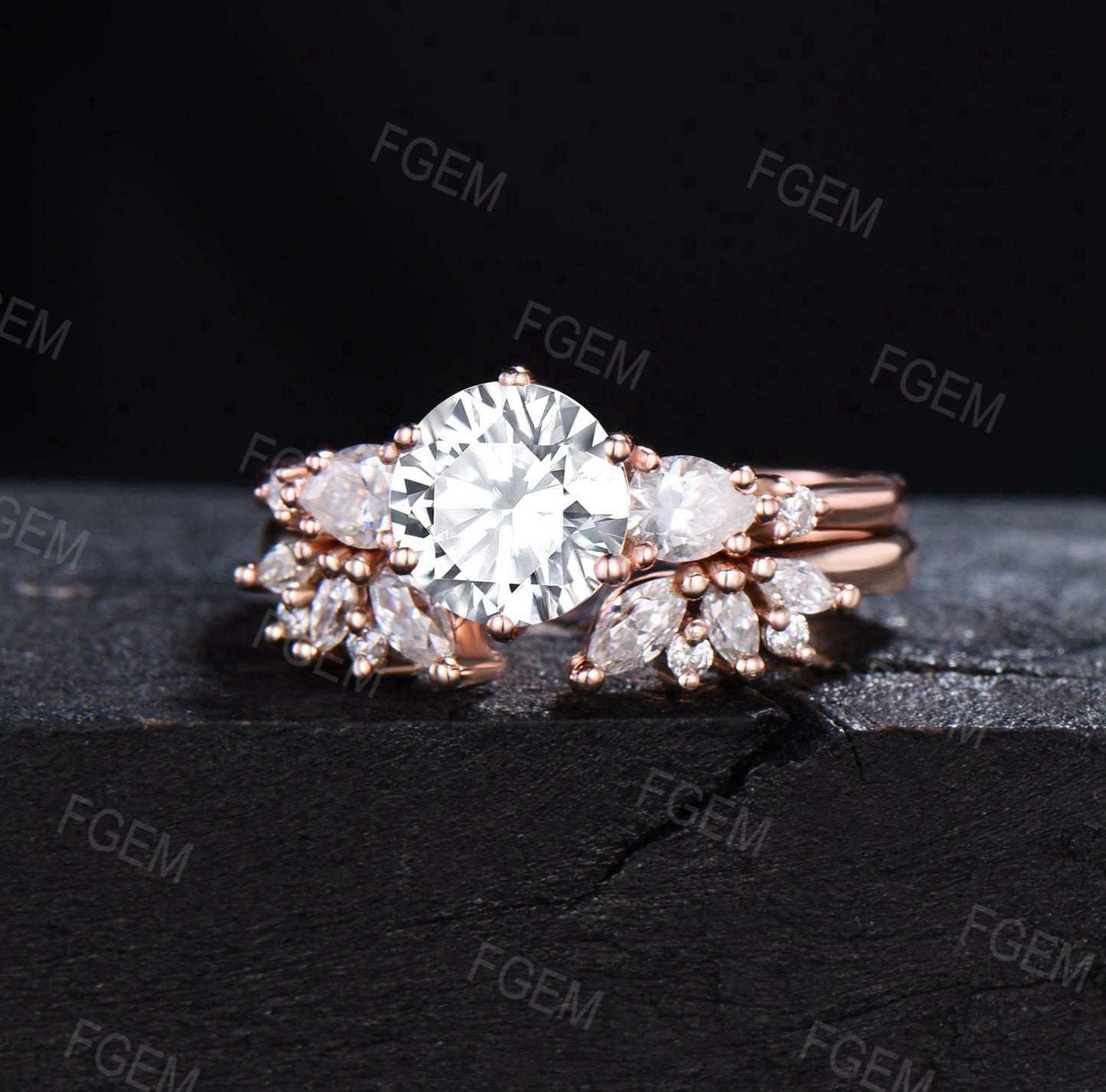 7mm Round Moissanite Engagement Ring Unique Marquise Moissanite Bridal Set Moissanite Wedding Ring Women Gift