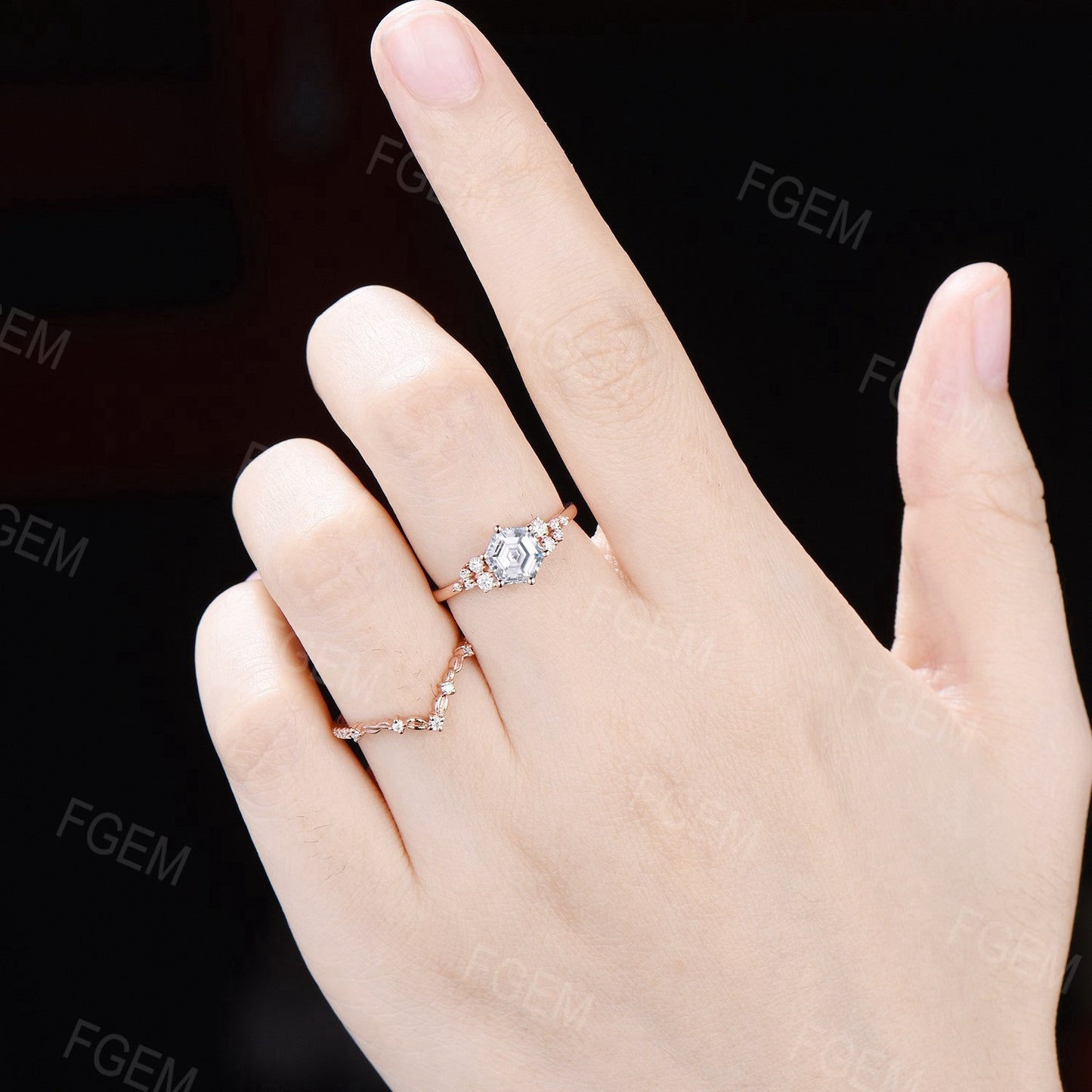 Hexagon Moissanite Engagement Ring Set Vintage Moissanite Snowdrift Cluster Bridal Set Colorless Gemstone Ring Leaves Ring Proposal Gift