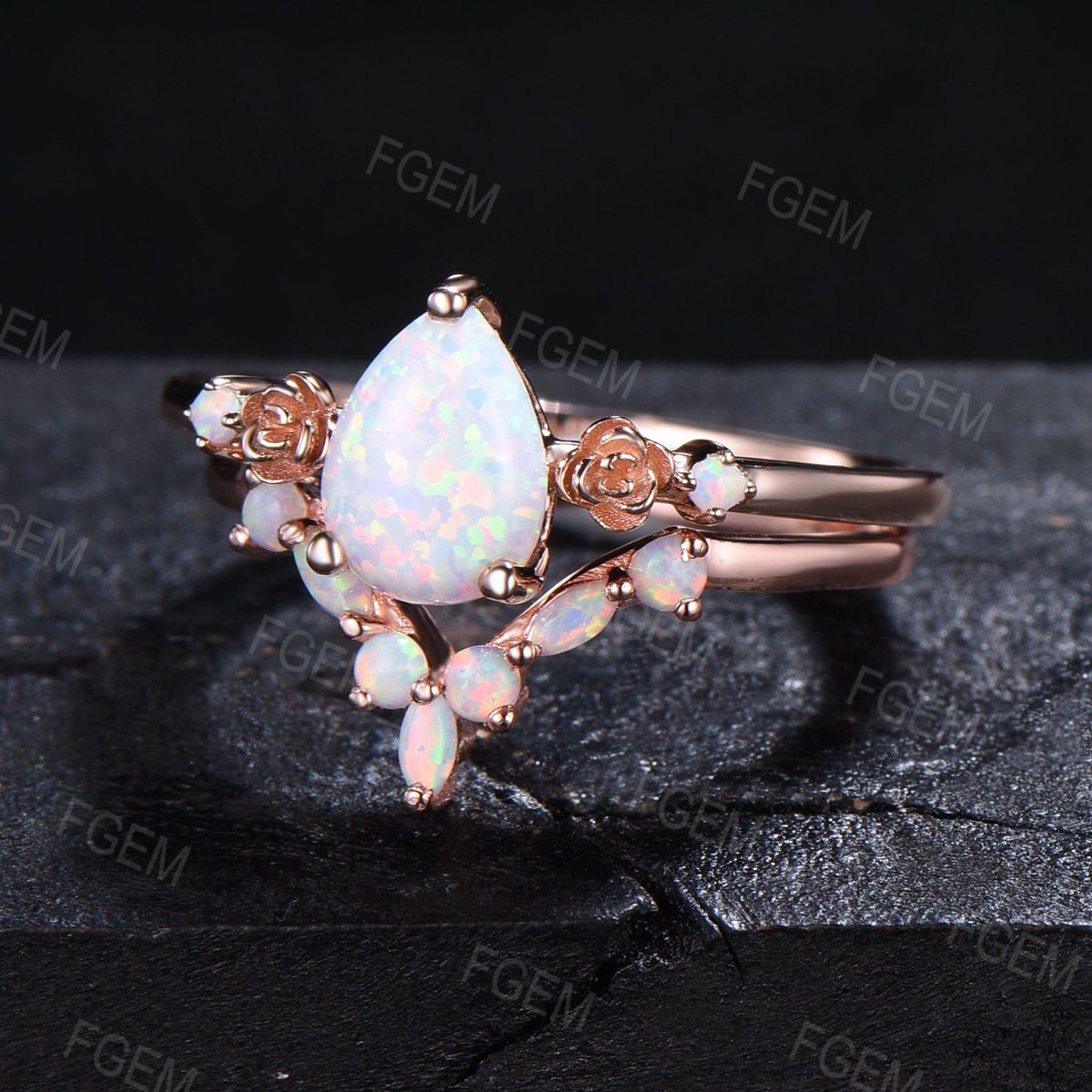 1.25ct Pear Shaped Floral White Opal Bridal Set Marquise Opal Wedding Ring