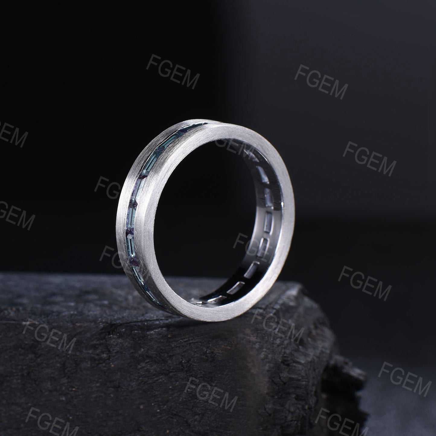 6mm Mens Baguette Alexandrite Wedding Ring 14K Rose/Black Gold Color-Change Alexandrite Matte Brushed Band Pave Set Full Eternity Band Men