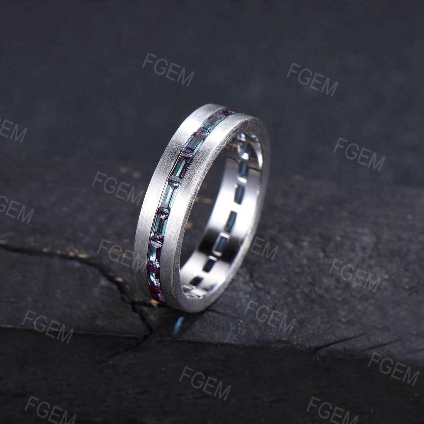 6mm Mens Baguette Alexandrite Wedding Ring 14K Rose/Black Gold Color-Change Alexandrite Matte Brushed Band Pave Set Full Eternity Band Men