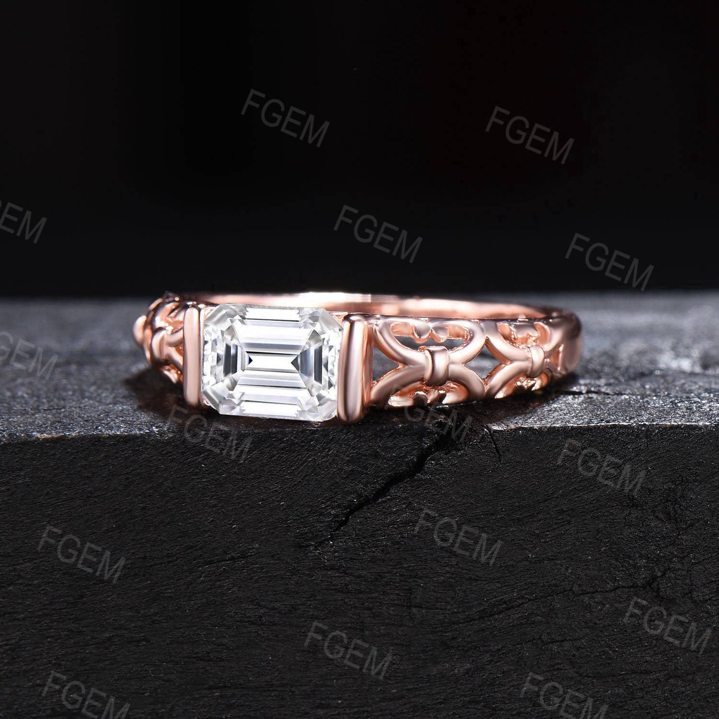 East West Emerald Cut Moissanite Engagement Ring Dainty Minimalist Ring Moissanite Solitaire Wedding Ring Filigree Band Anniversary Gifts