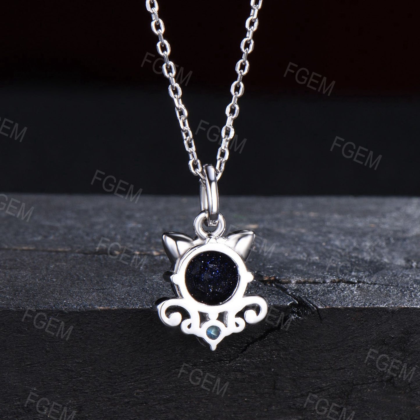 Kitten Round Blue Sandstone Necklace Sterling Silver Moonstone Pendant Art Deco Galaxy Goldstone Necklace Cat Wedding Jewelry Promise Gifts