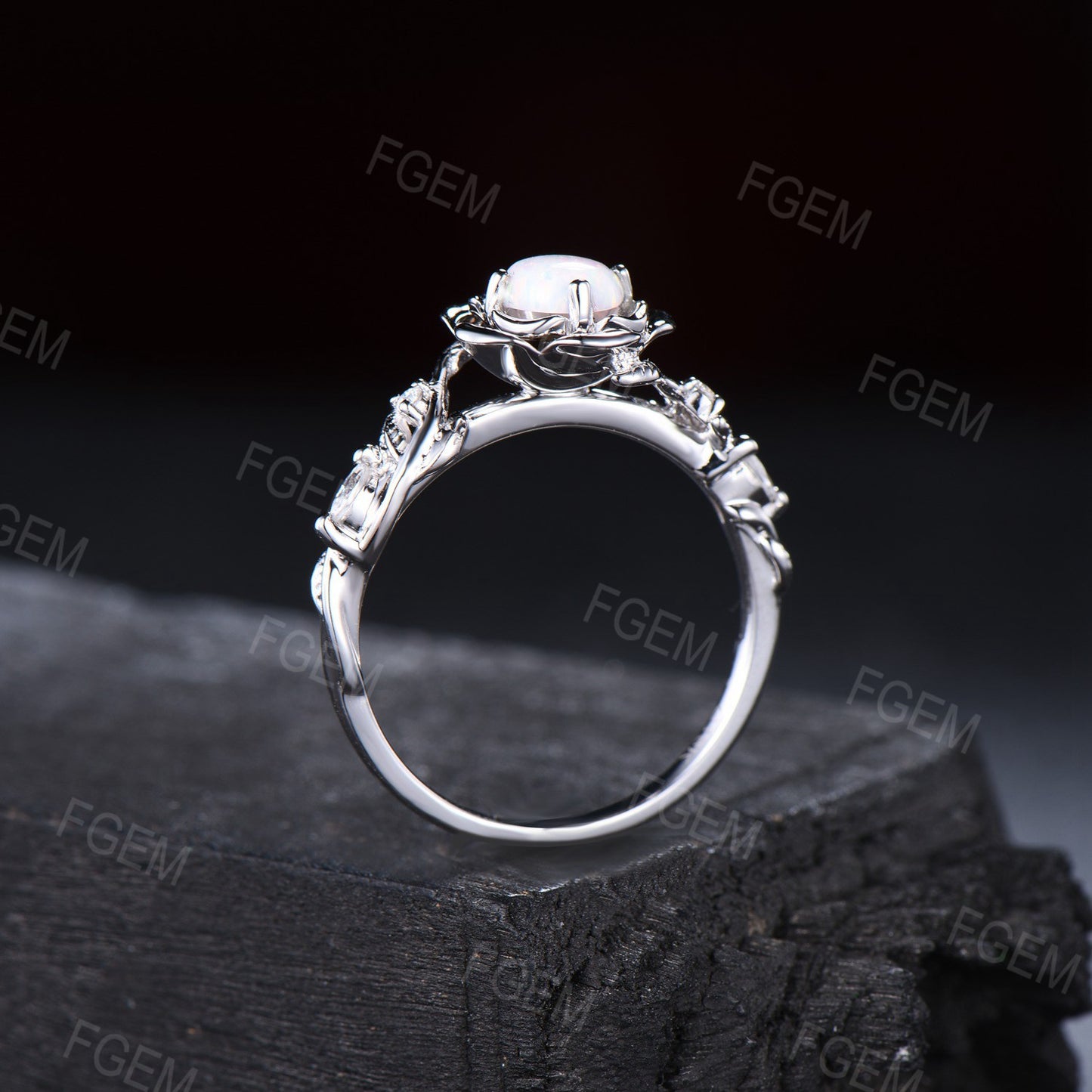 Rose Flower Engagement Ring Opal Round Cut Floral White Opal Ring 14K Rose Gold Nature Inspired Opal Wedding Ring Twist Leaf Moissanite Ring