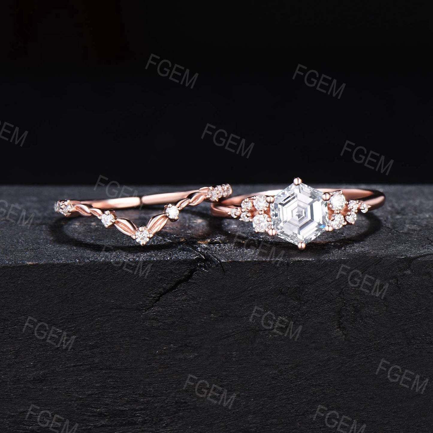 Hexagon Moissanite Engagement Ring Set Vintage Moissanite Snowdrift Cluster Bridal Set Colorless Gemstone Ring Leaves Ring Proposal Gift