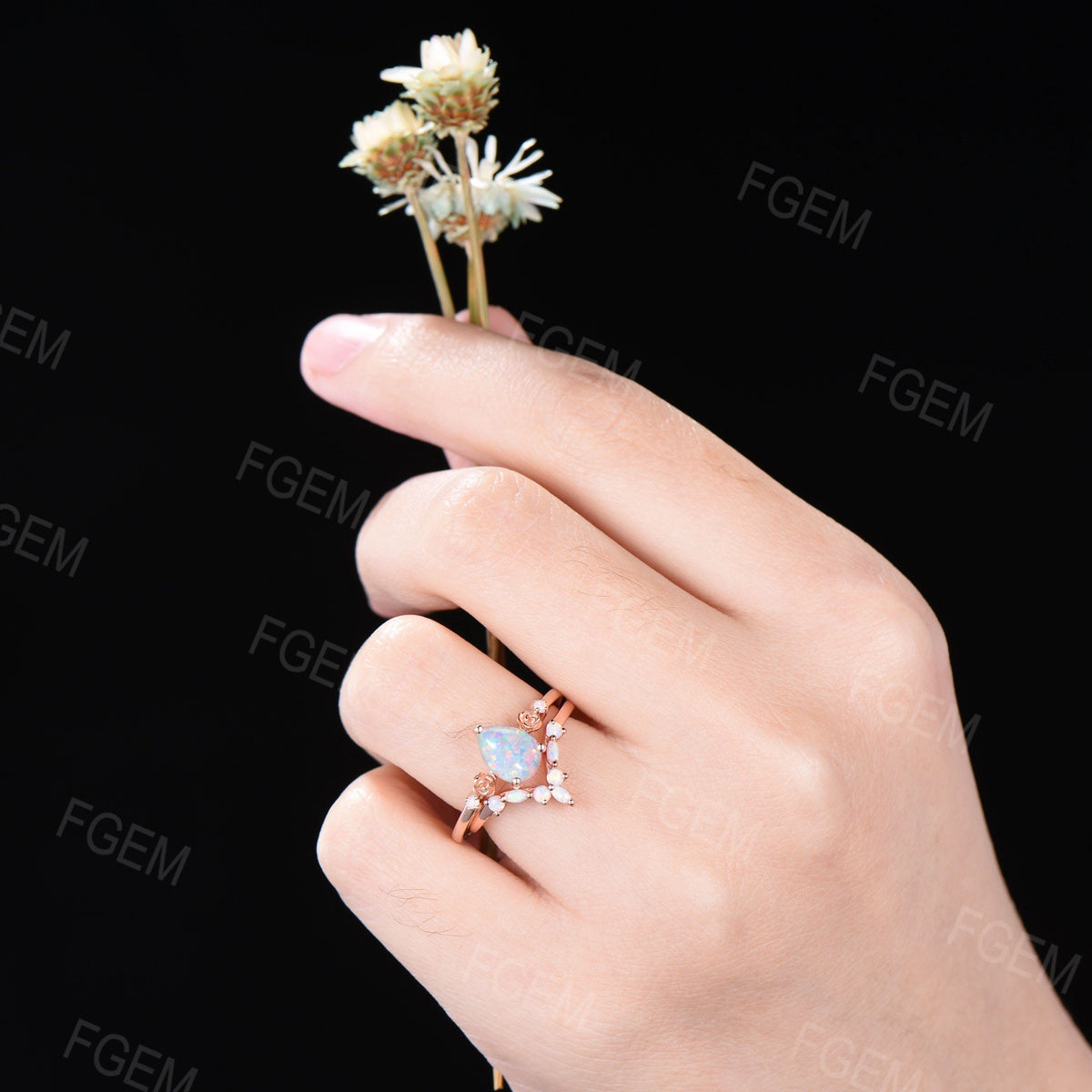 1.25ct Pear Shaped Floral White Opal Bridal Set Marquise Opal Wedding Ring