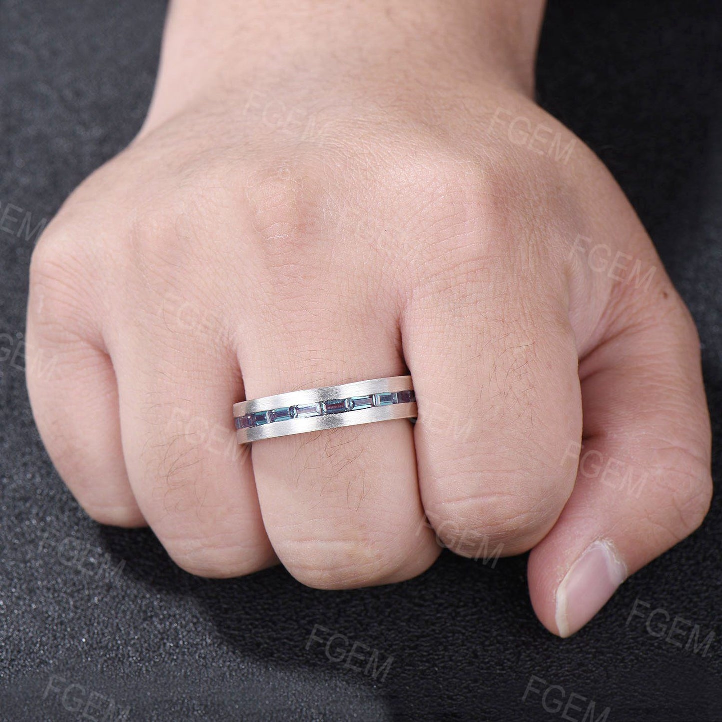 6mm Mens Baguette Alexandrite Wedding Ring 14K Rose/Black Gold Color-Change Alexandrite Matte Brushed Band Pave Set Full Eternity Band Men