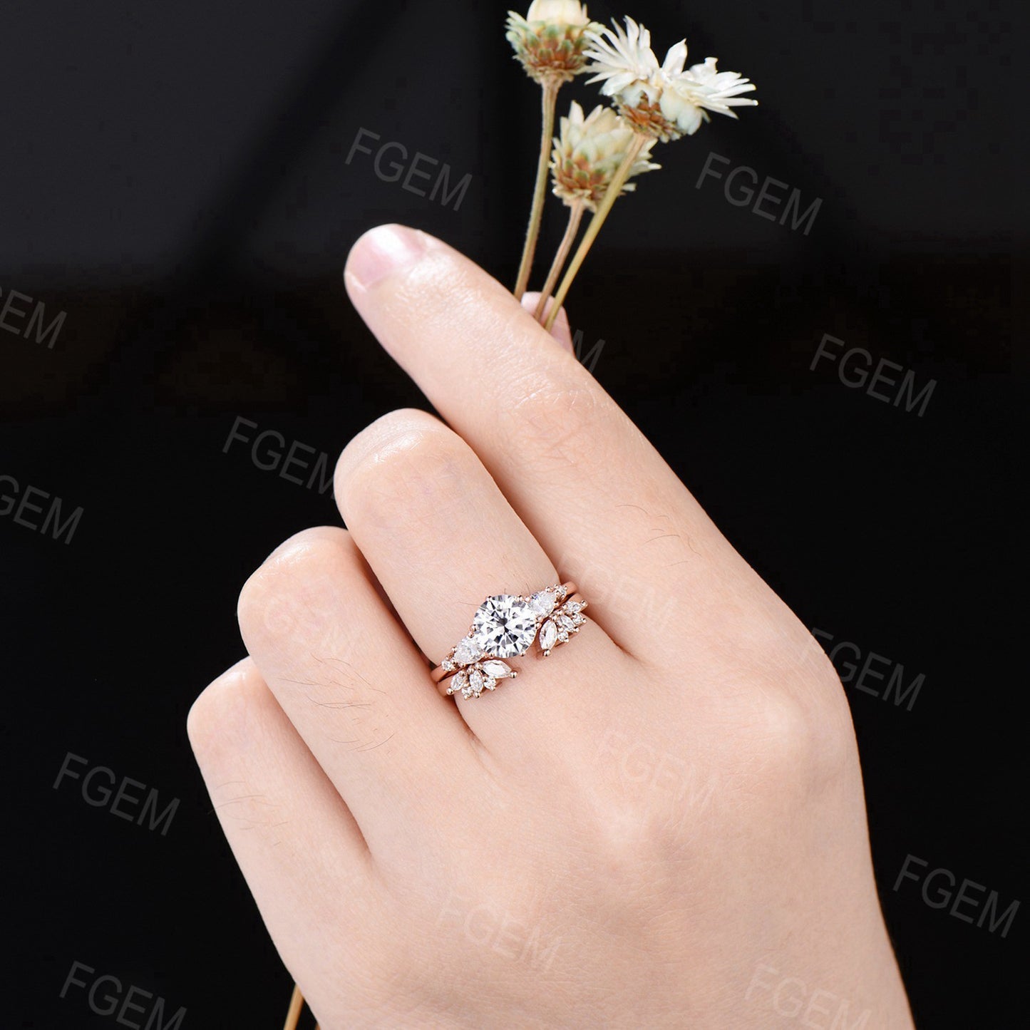 7mm Round Moissanite Engagement Ring Unique Marquise Moissanite Bridal Set Moissanite Wedding Ring Women Gift