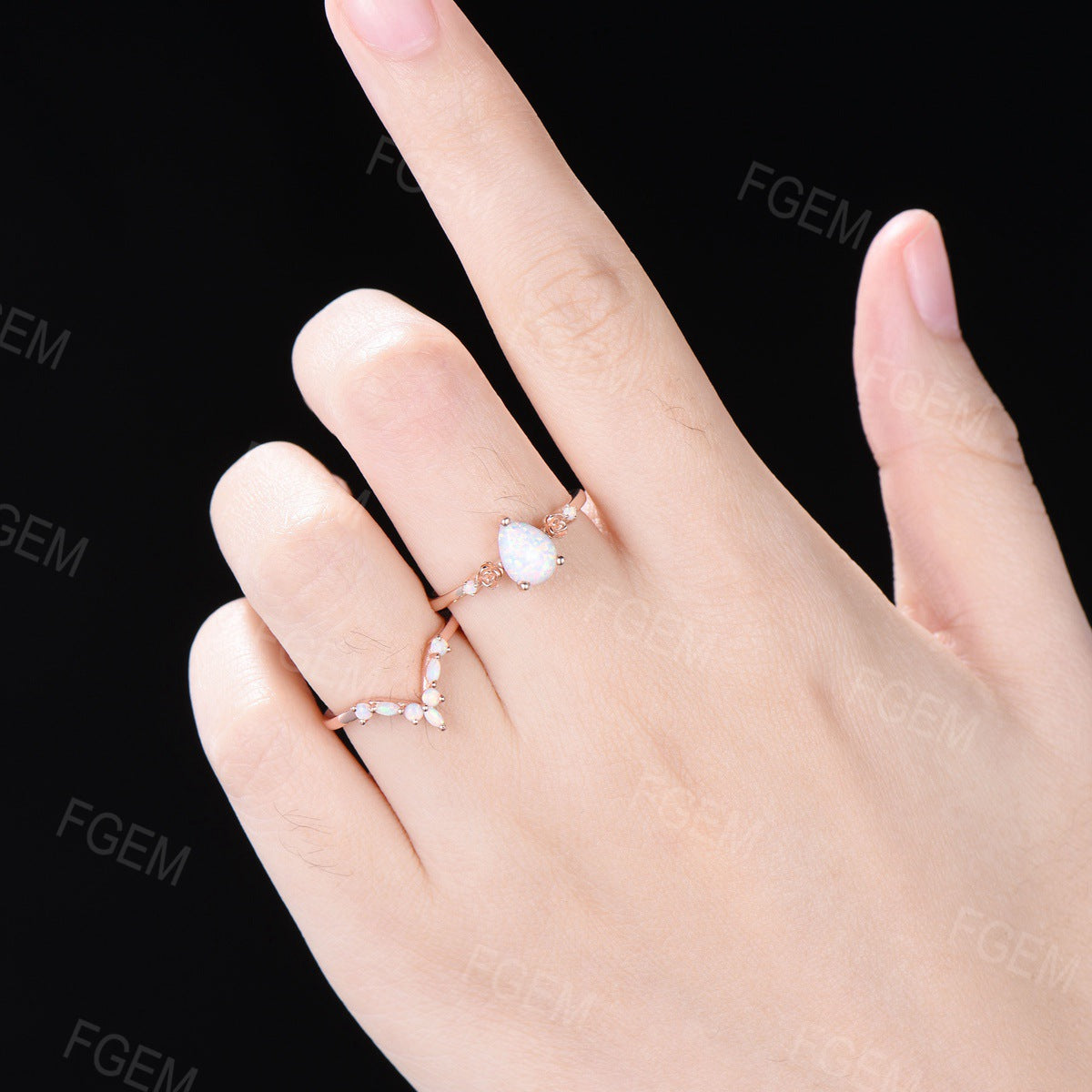 1.25ct Pear Shaped Floral White Opal Bridal Set Marquise Opal Wedding Ring