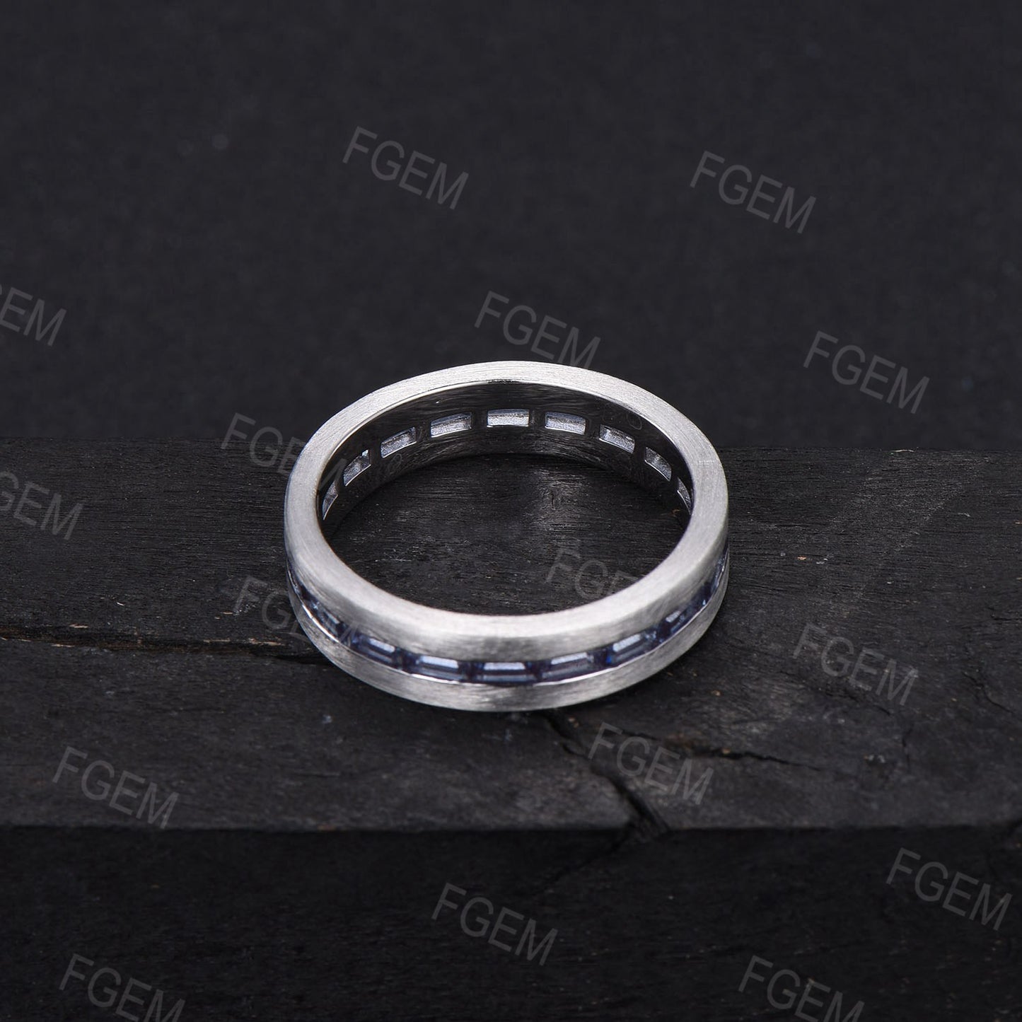 6mm Mens Baguette Alexandrite Wedding Ring 14K Rose/Black Gold Color-Change Alexandrite Matte Brushed Band Pave Set Full Eternity Band Men