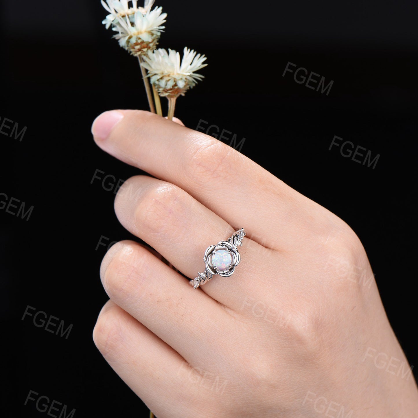 Rose Flower Engagement Ring Opal Round Cut Floral White Opal Ring 14K Rose Gold Nature Inspired Opal Wedding Ring Twist Leaf Moissanite Ring
