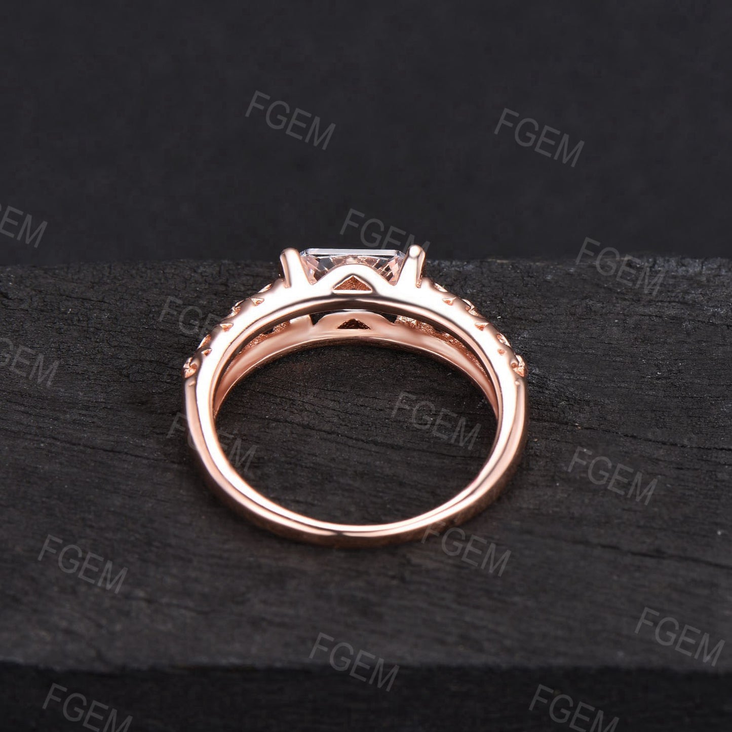 East West Emerald Cut Moissanite Engagement Ring Dainty Minimalist Ring Moissanite Solitaire Wedding Ring Filigree Band Anniversary Gifts