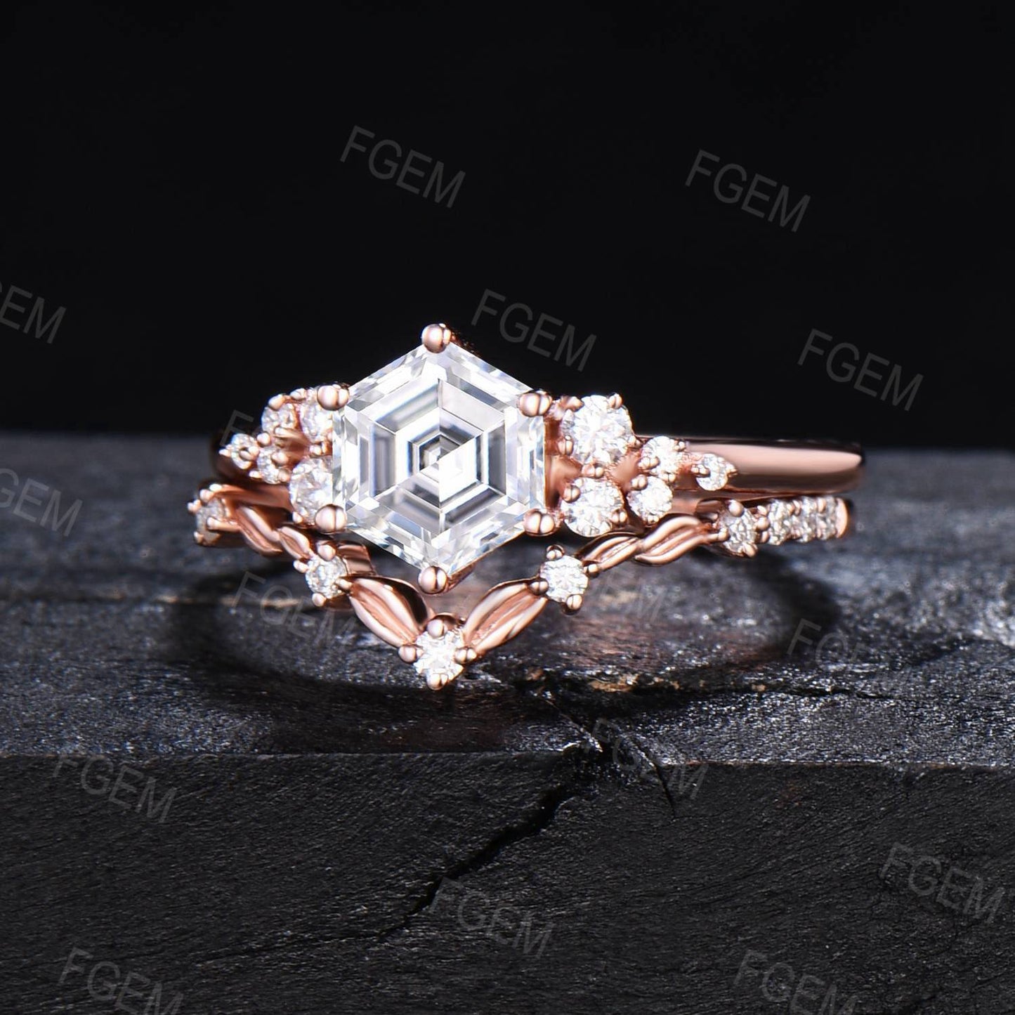 Hexagon Moissanite Engagement Ring Set Vintage Moissanite Snowdrift Cluster Bridal Set Colorless Gemstone Ring Leaves Ring Proposal Gift