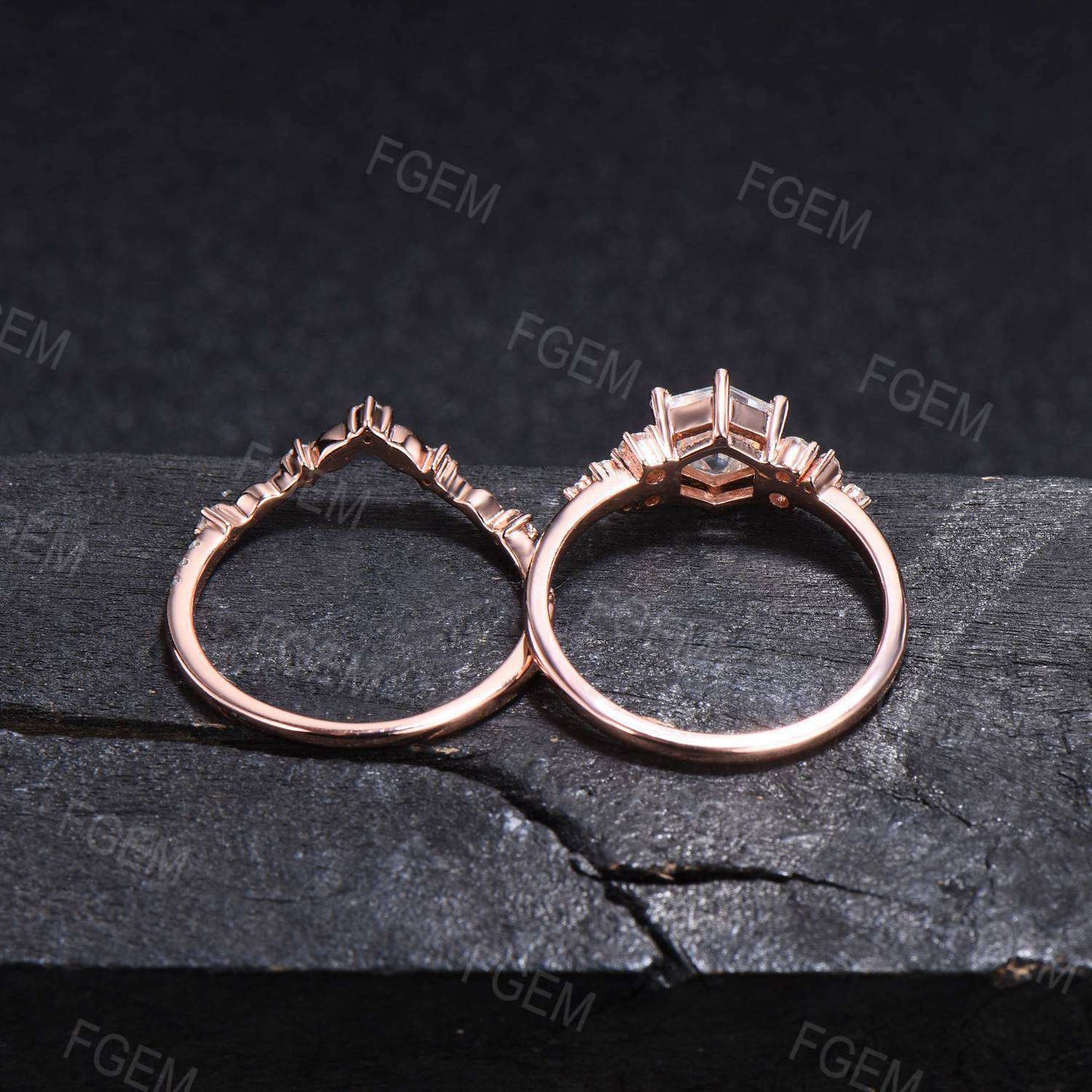 Hexagon Moissanite Engagement Ring Set Vintage Moissanite Snowdrift Cluster Bridal Set Colorless Gemstone Ring Leaves Ring Proposal Gift