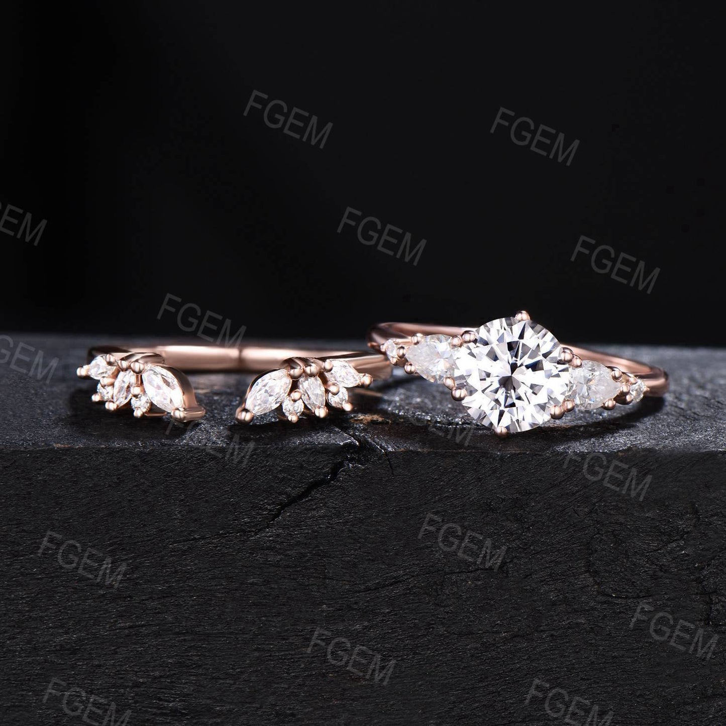 7mm Round Moissanite Engagement Ring Unique Marquise Moissanite Bridal Set Moissanite Wedding Ring Women Gift