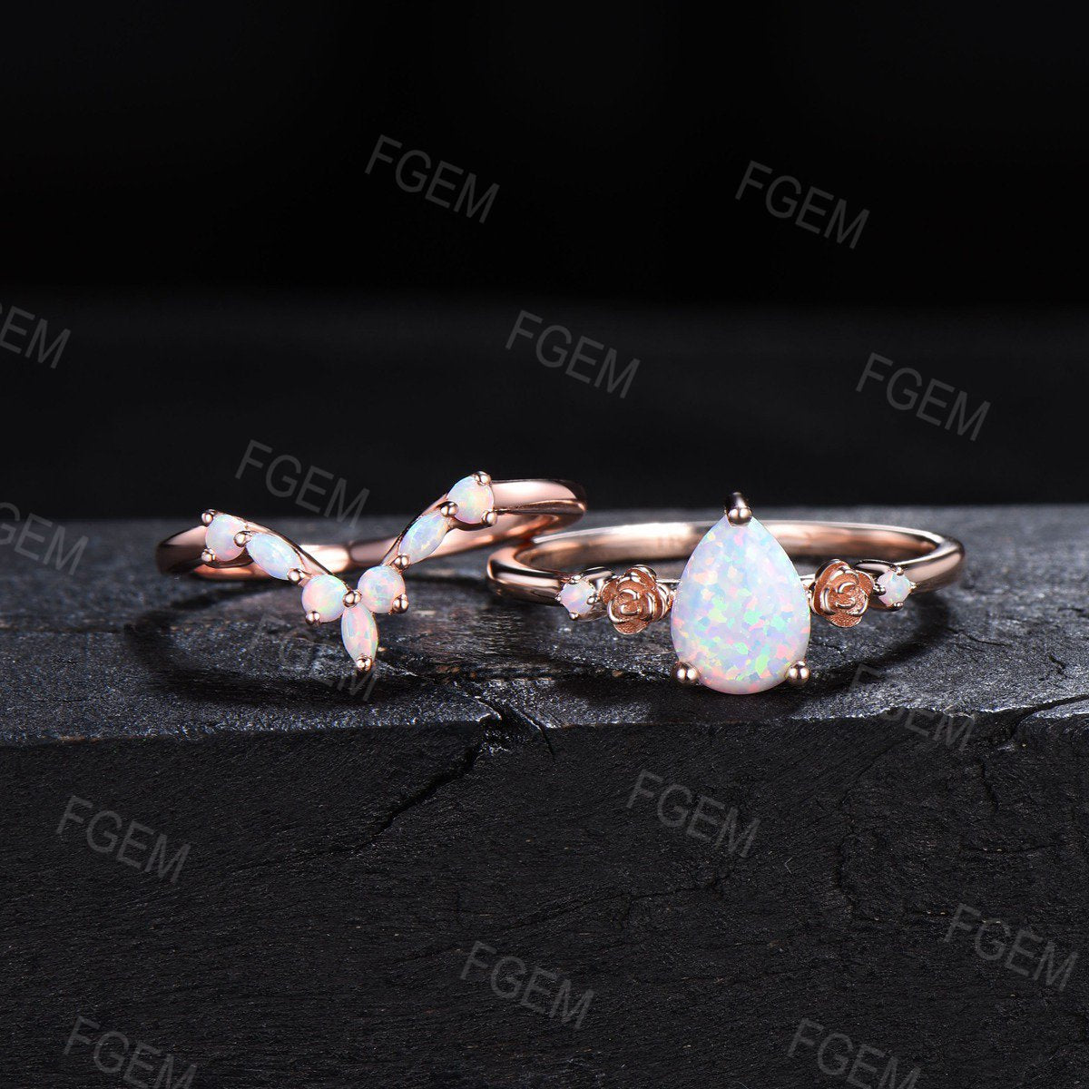 1.25ct Pear Shaped Floral White Opal Bridal Set Marquise Opal Wedding Ring